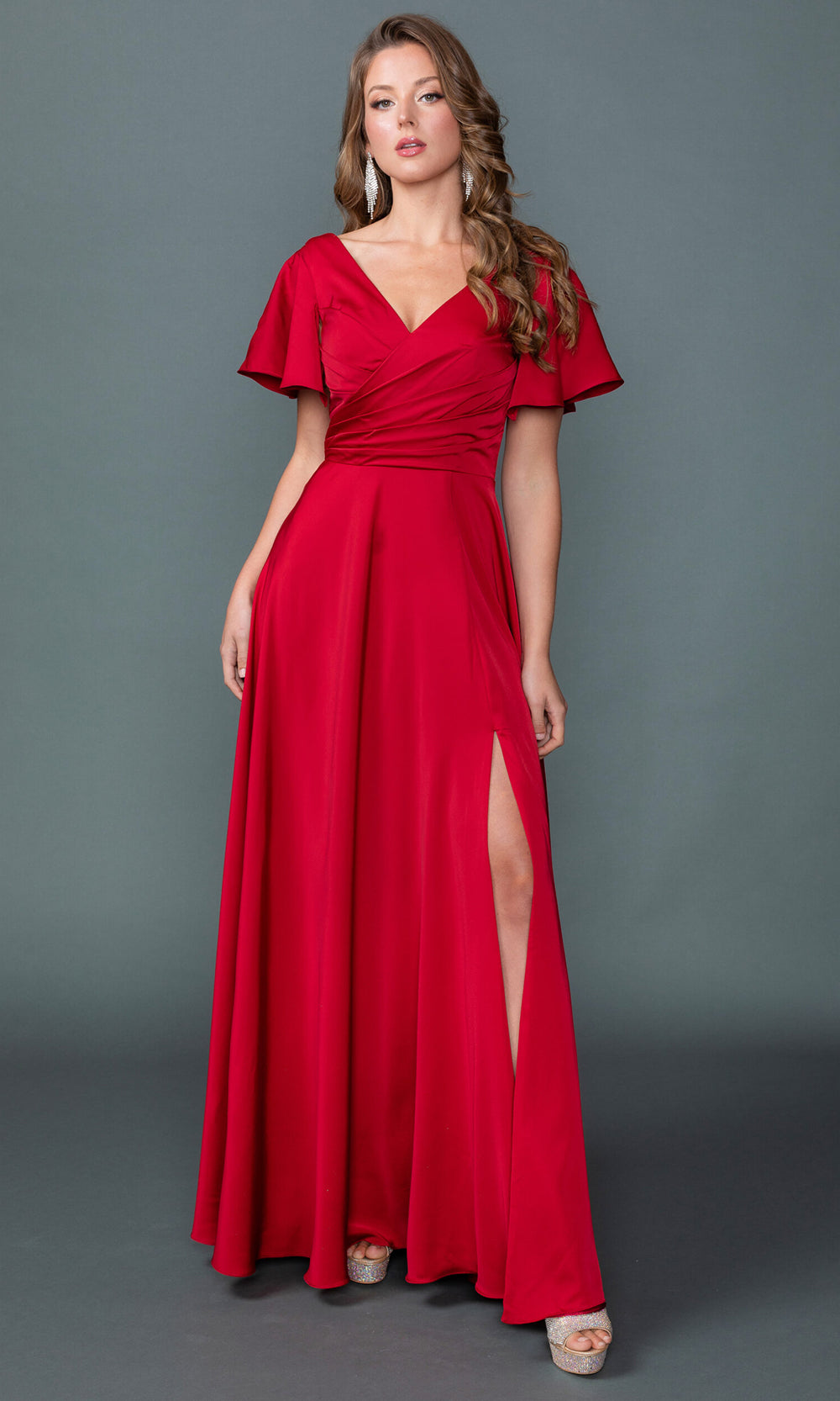 Dancing Queen 4602 - Flutter Sleeve Long A-Line Gown Prom Dresses in Red