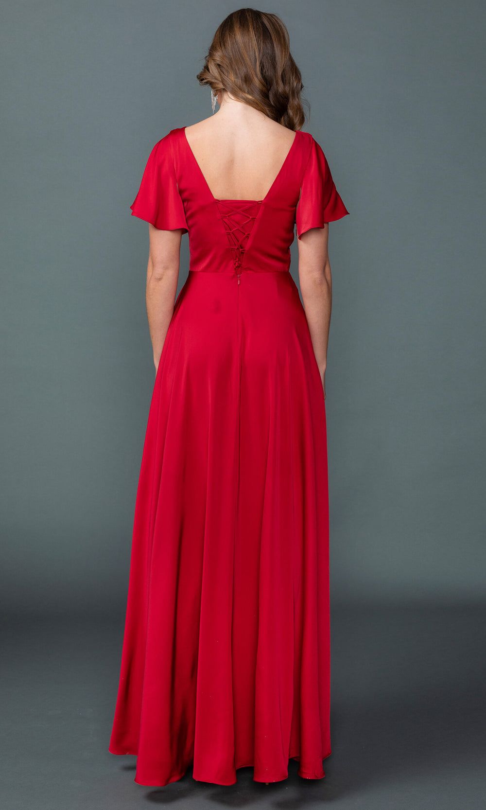 Dancing Queen 4602 - Flutter Sleeve Long A-Line Gown Prom Dresses in Red