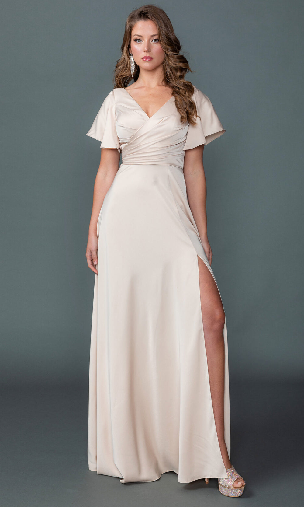 Dancing Queen 4602 - Flutter Sleeve Long A-Line Gown Prom Dresses in Champagne