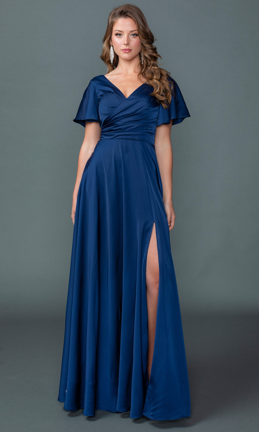 Dancing Queen 4602 - Flutter Sleeve Long A-Line Gown Prom Dresses in Navy