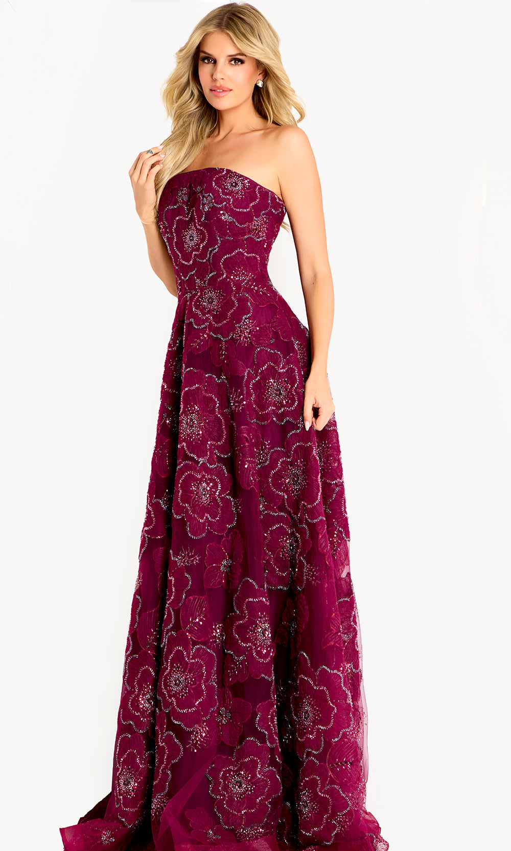 Jovani 46033 - Embroidered Tulle Straight Across Long Gown