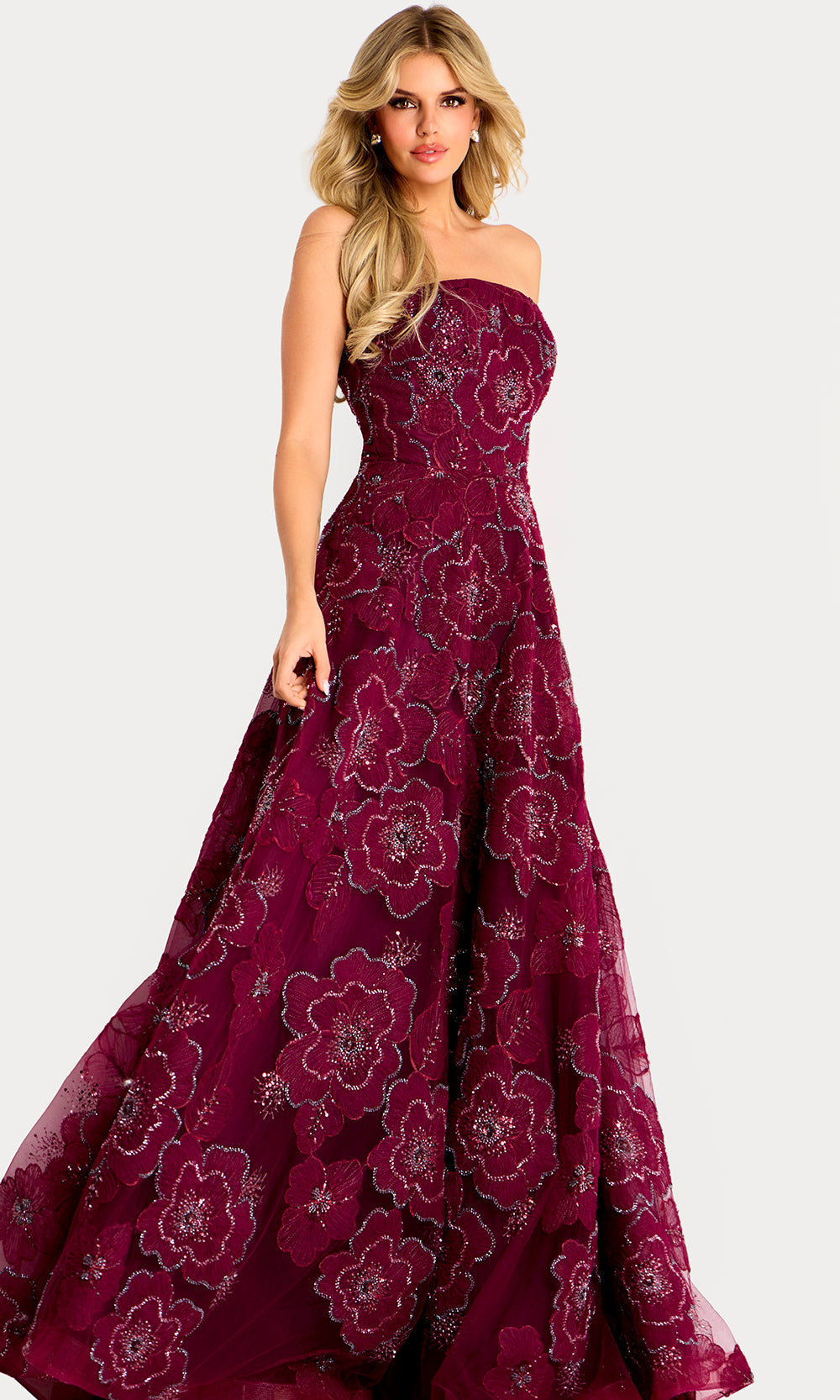 Jovani 46033 - Embroidered Tulle Straight Across Long Gown