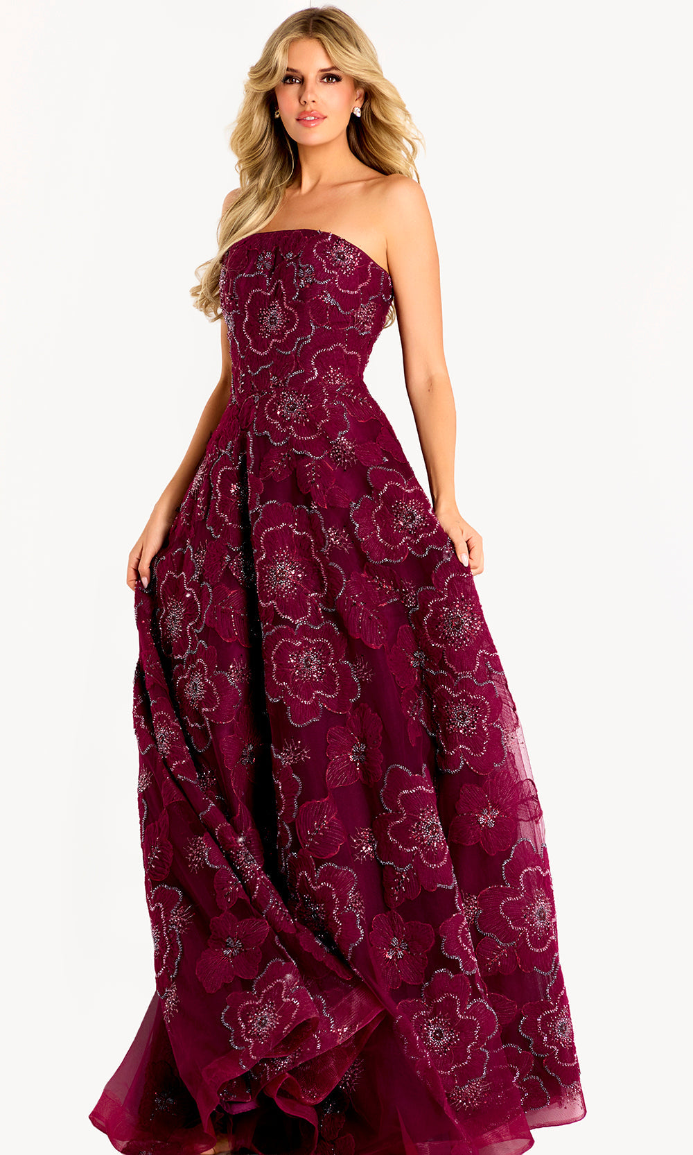 Jovani 46033 - Embroidered Tulle Straight Across Long Gown