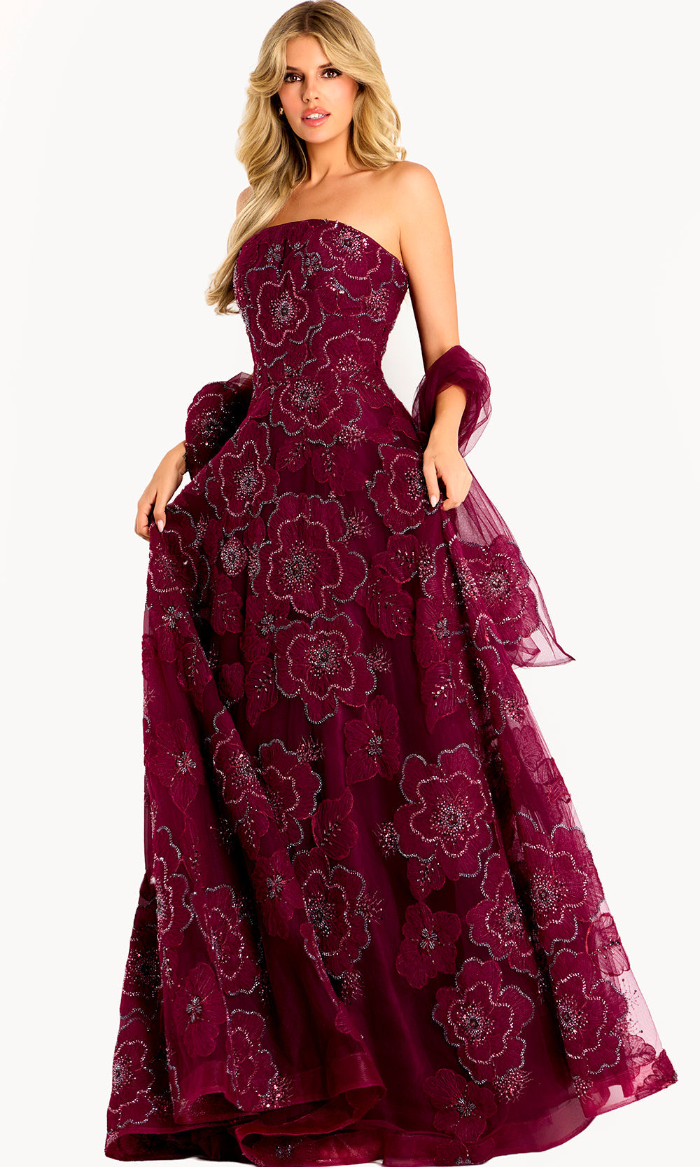 Jovani 46033 - Embroidered Tulle Straight Across Long Gown