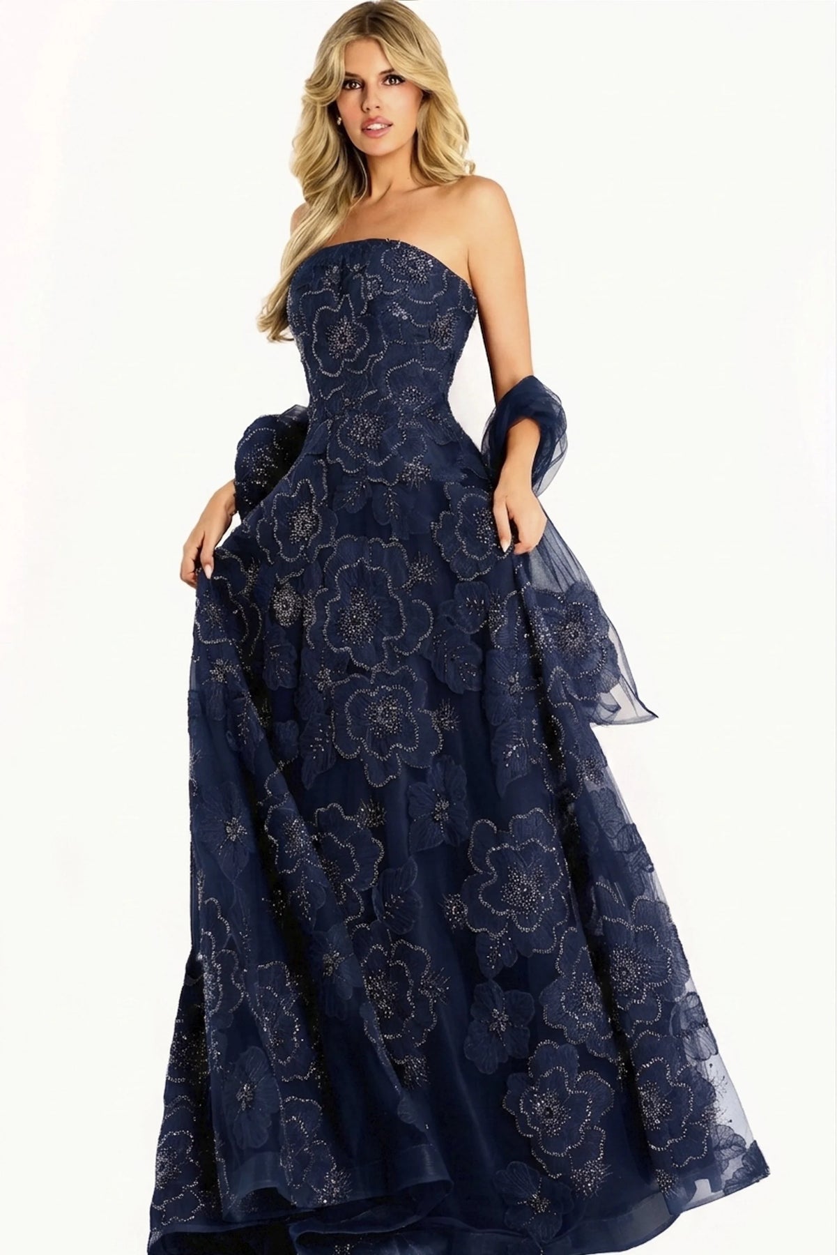 Jovani 46033 - Embroidered Tulle Straight Across Long Gown