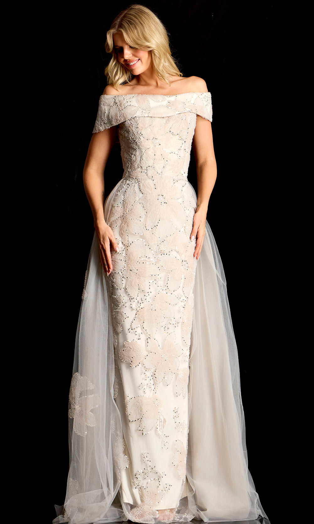Jovani 46034 - Floral Applique Overskirt Evening Gown Special Occasion Dress In Champagne