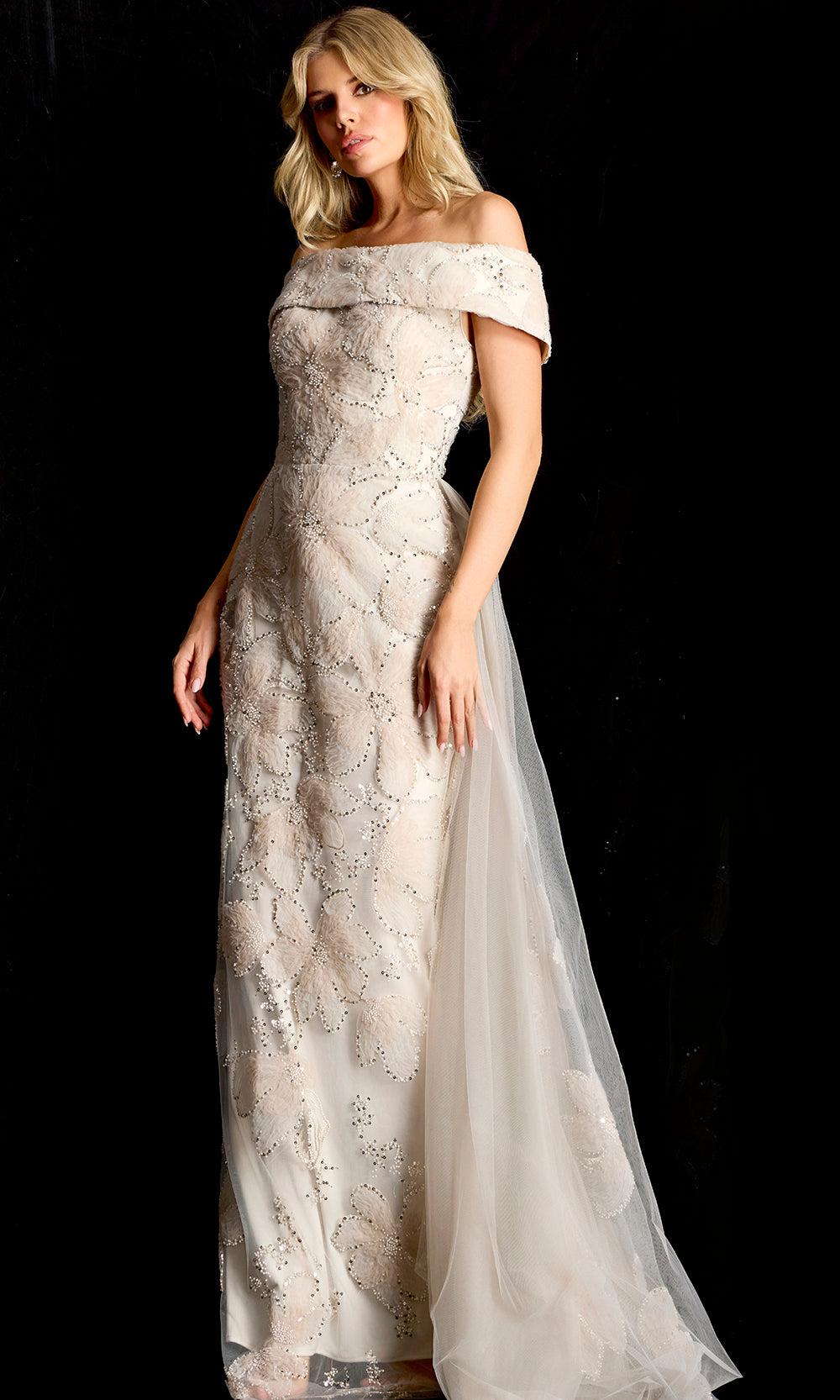 Jovani 46034 - Floral Applique Overskirt Evening Gown Special Occasion Dress In Champagne