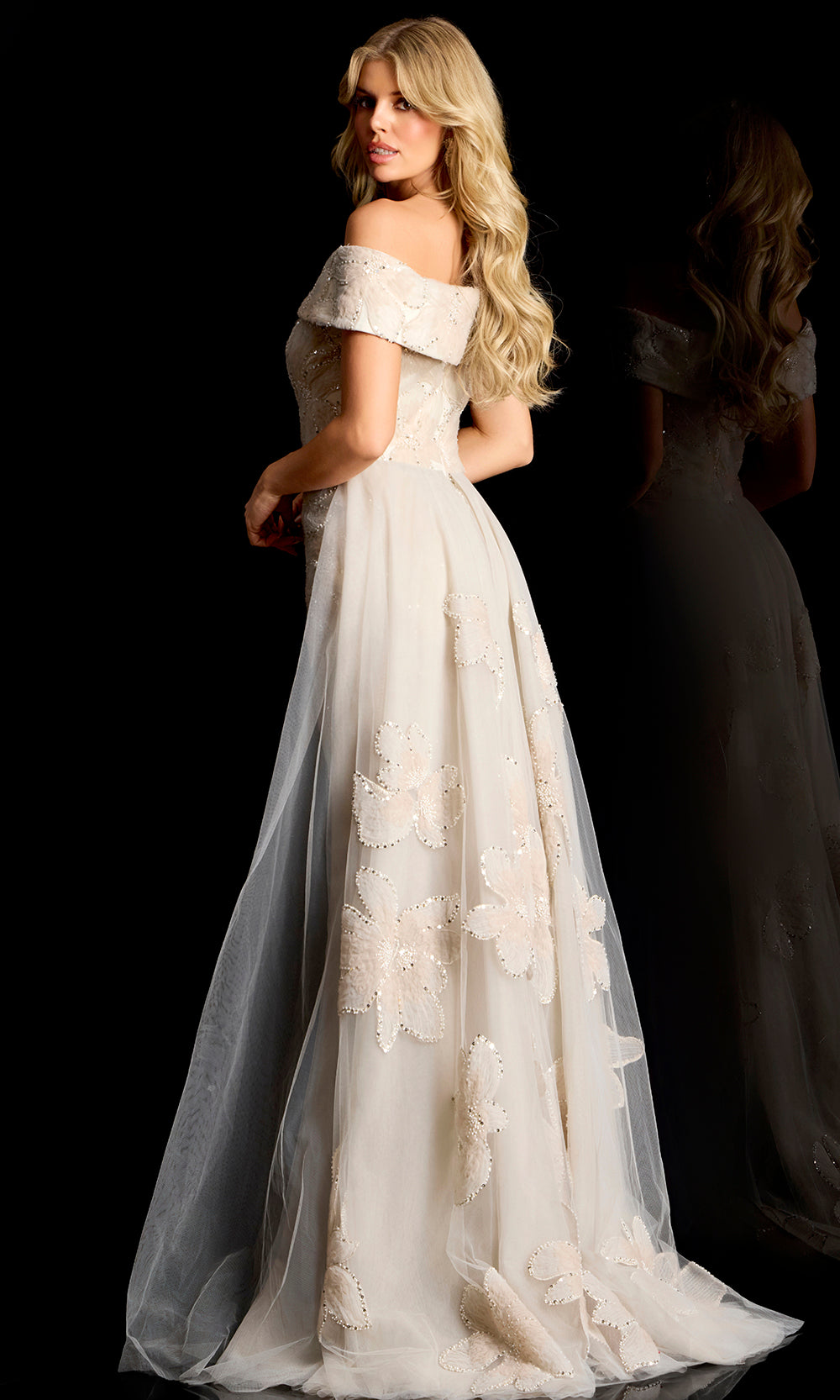 Jovani 46034 - Floral Applique Overskirt Evening Gown Special Occasion Dress In Champagne