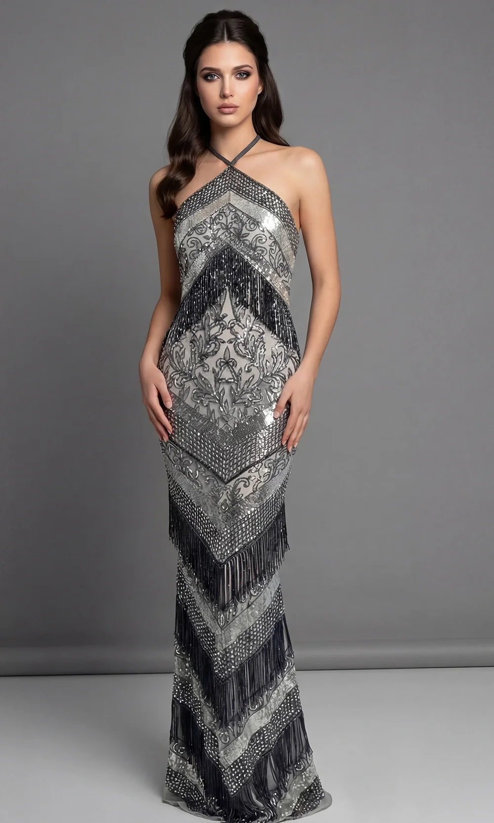 Jovani 46046 - Halter Fringe Embellished Column Gown Special Occasion Dress In Silver