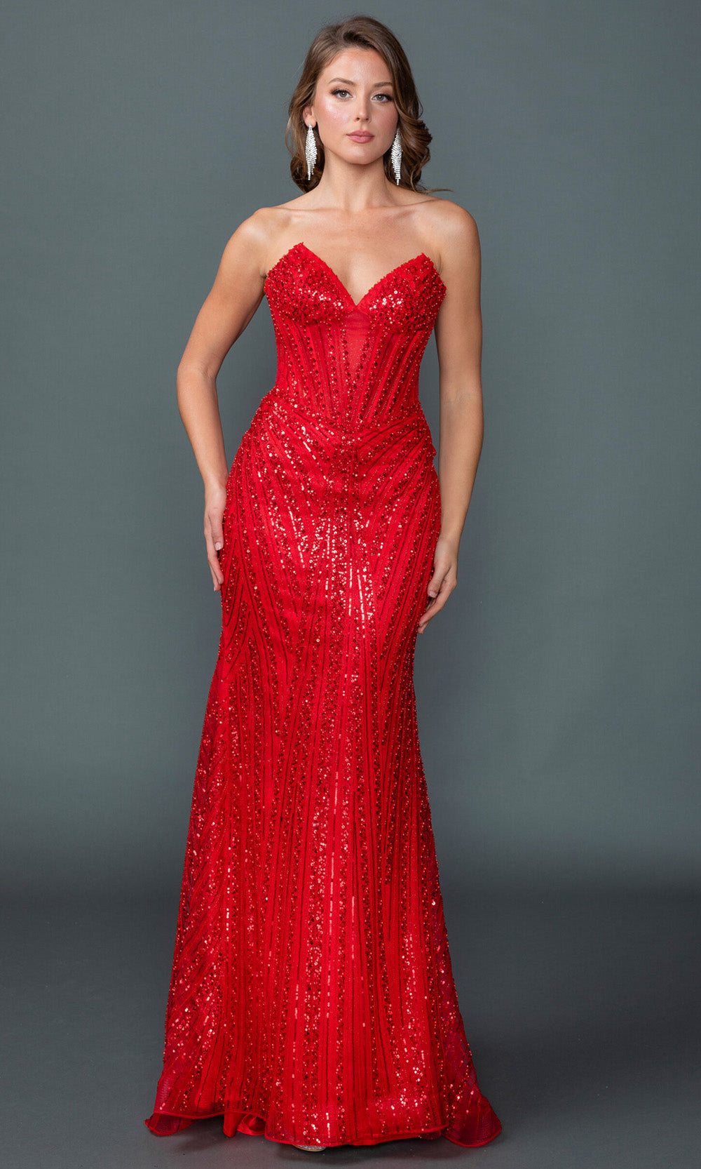 Dancing Queen 4606 - Strapless Sweetheart Fitted Gown with Sequins Prom Dresses in Red 