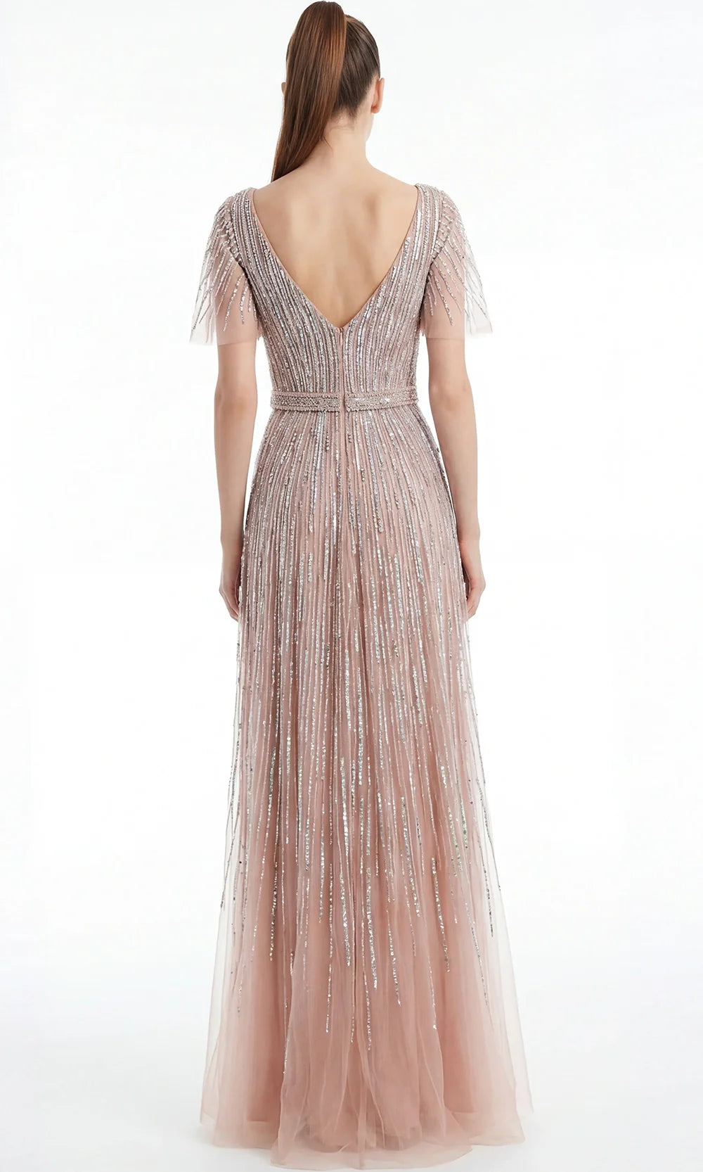 Jovani 46063 - Beaded Tulle V-Back Evening Gown Prom Dresses  in Dark Nude
