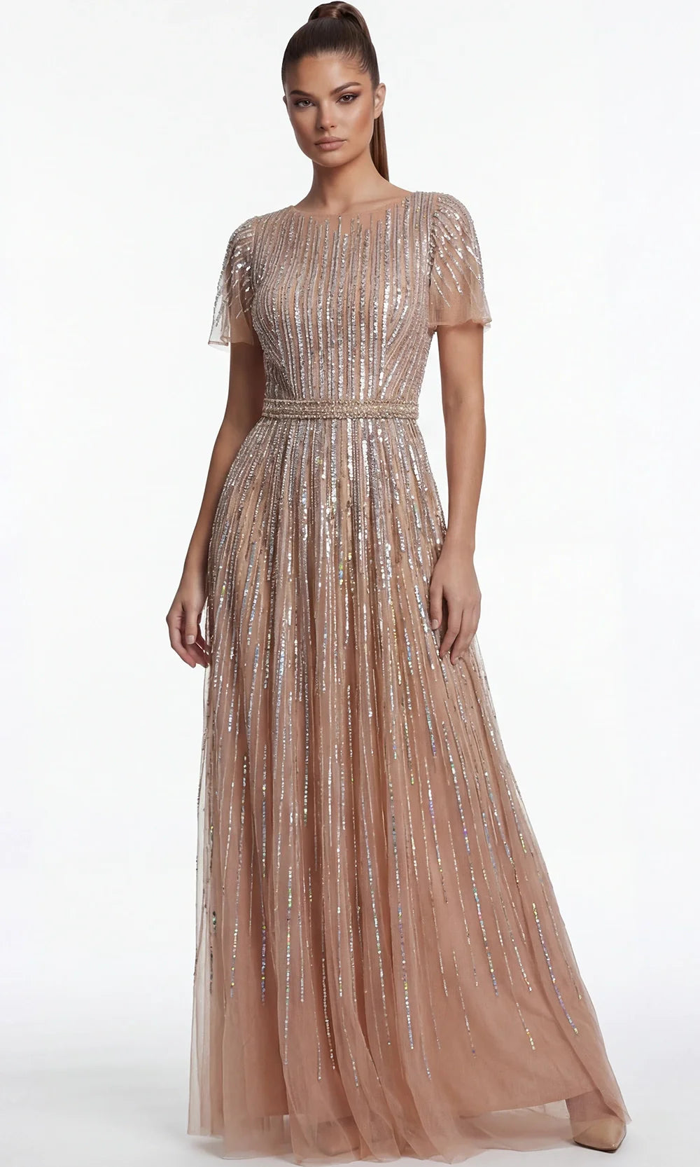Jovani 46063 - Beaded Tulle V-Back Evening Gown Prom Dresses  in Dark Nude