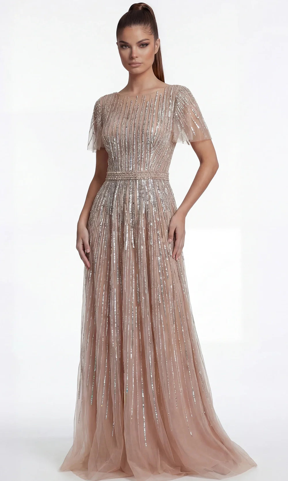 Jovani 46063 - Beaded Tulle V-Back Evening Gown Prom Dresses  in Dark Nude