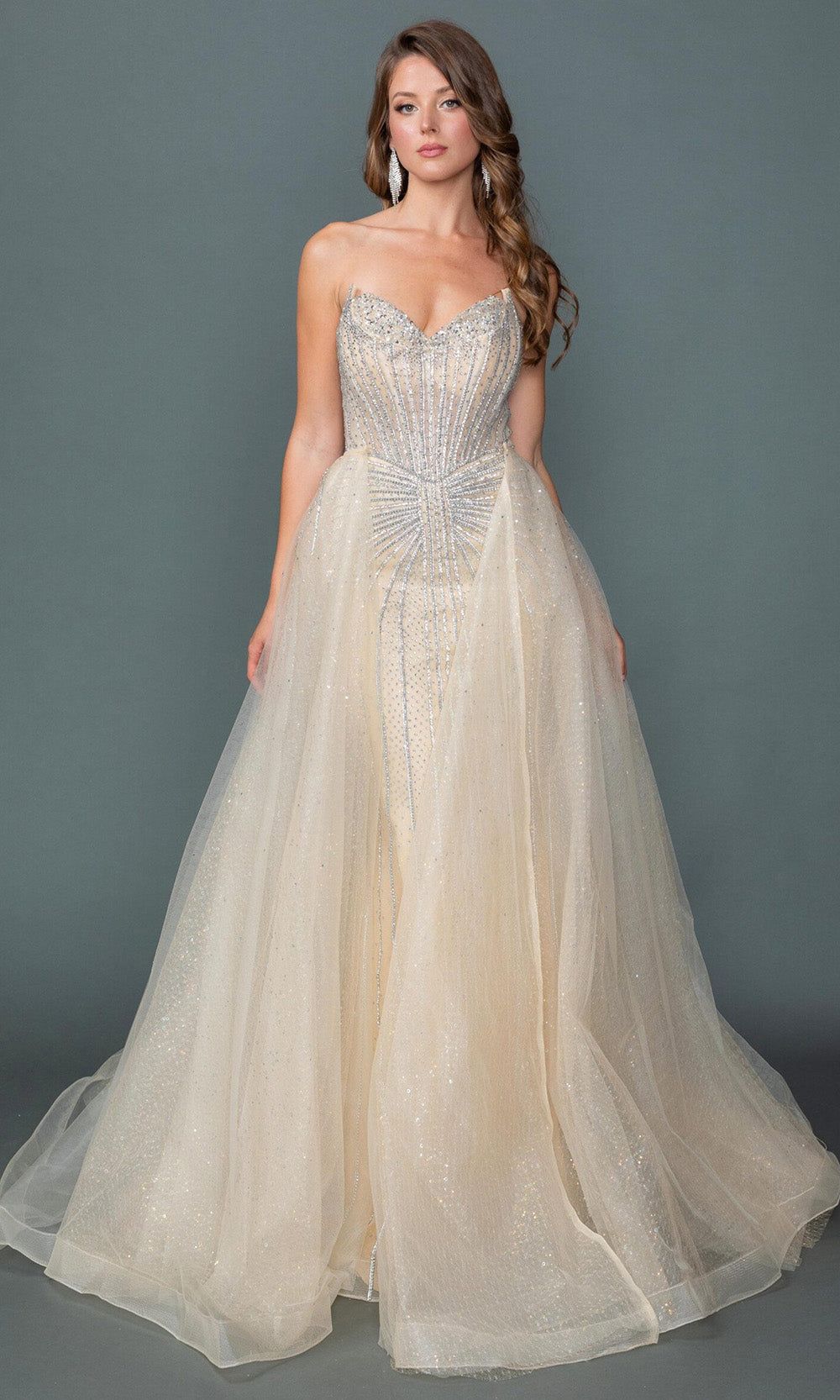 Dancing Queen 4607 - Strapless Embellished Gown with Overskirt Formal Gowns in Champagne 