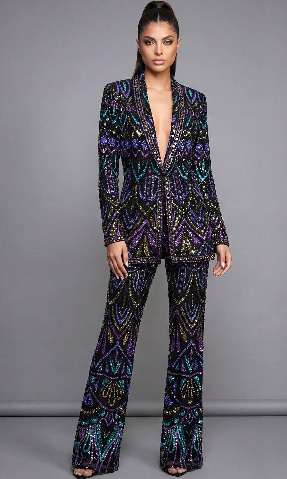 Jovani 46094 - Sparkling Sequin Long Sleeve Pantsuit Formal Pantsuits  in Black Multi 
