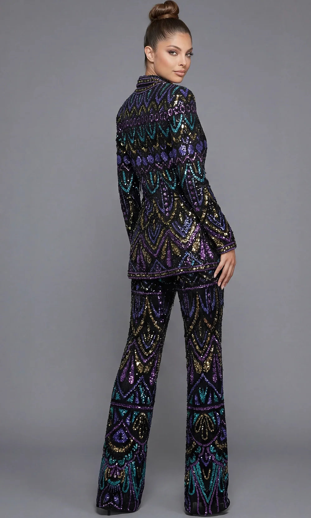 Jovani 46094 - Sparkling Sequin Long Sleeve Pantsuit Formal Pantsuits  in Black Multi 