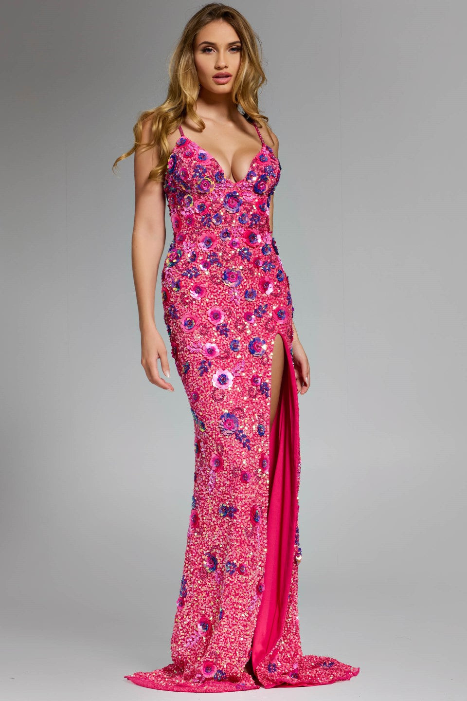Jovani 46097 - Sequin Floral V-Neck Fitted Dress In Pink and Multi