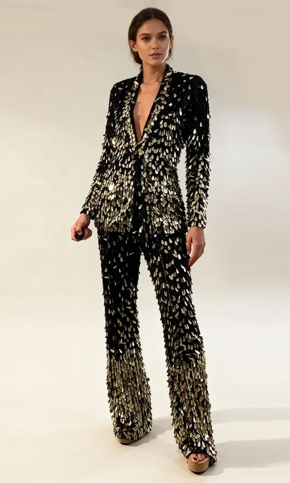 Jovani 46103 - Plunging Long Sleeve Pantsuit Formal Pantsuits  in Black Gold 