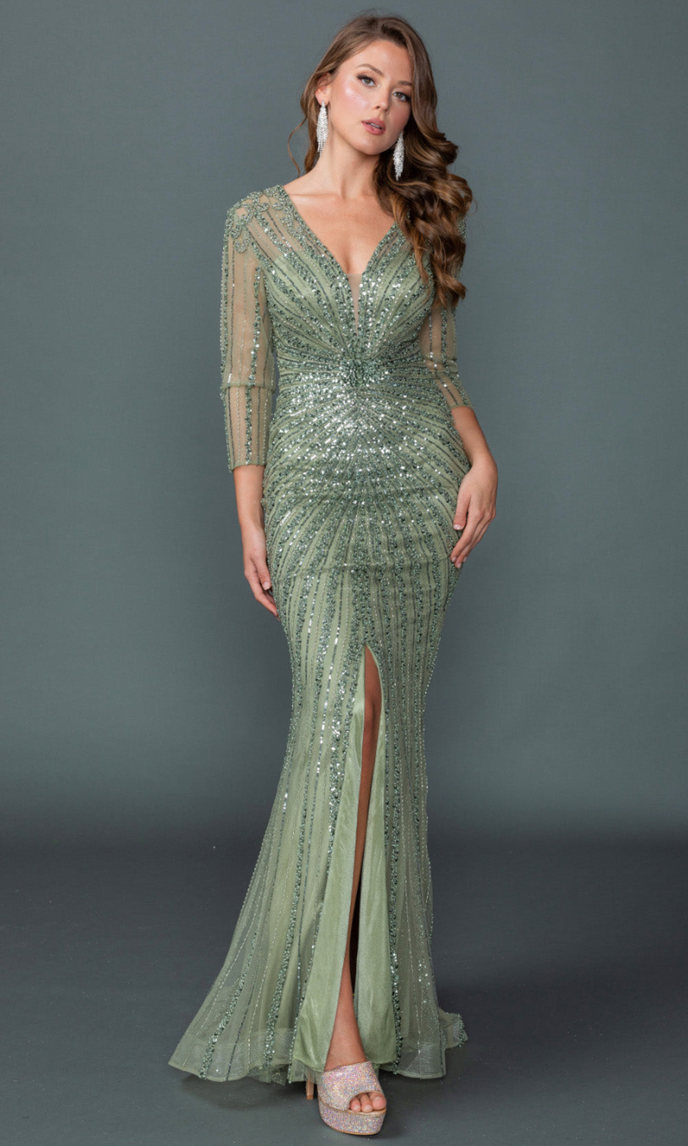 Dancing Queen 4612 - Plunging V-Neck High Slit Beaded Gown Mother of the Bride Dresses in Olive 