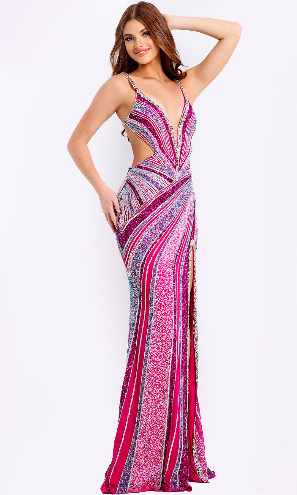 Jovani 46206 - Striped Beaded V-Neckline Prom Gown