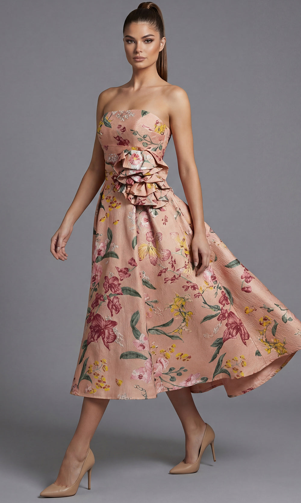 Jovani 46241 - Strapless Floral Print Tea-Length Dress Special Occasion Dress In Blush