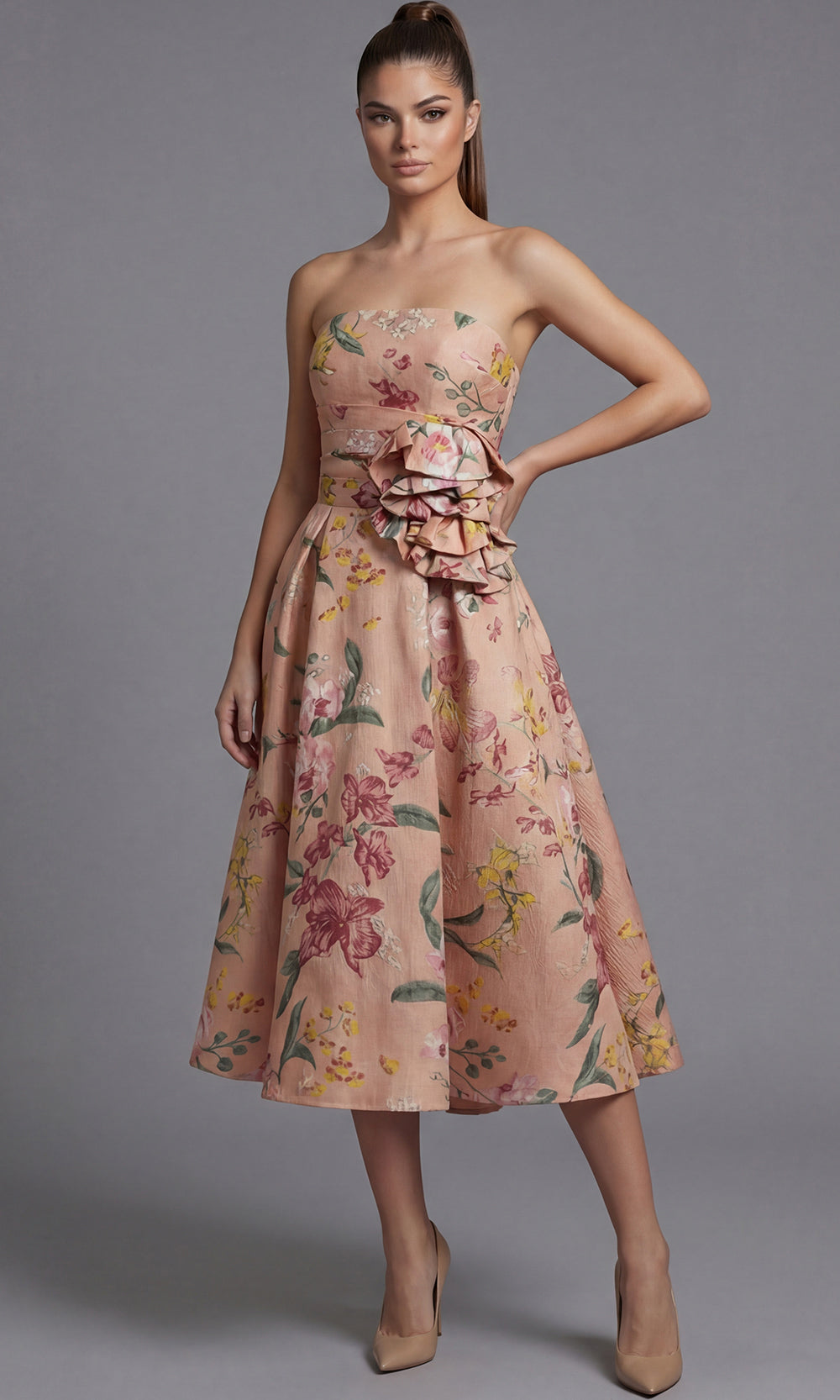 Jovani 46241 - Ruffled Waist A-Line Printed Dress Cocktail Dresses  in Blush  
