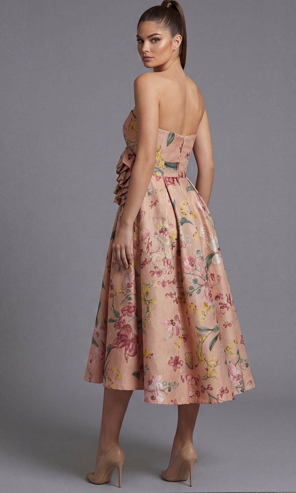 Jovani 46241 - Strapless Floral Print Tea-Length Dress Special Occasion Dress In Blush