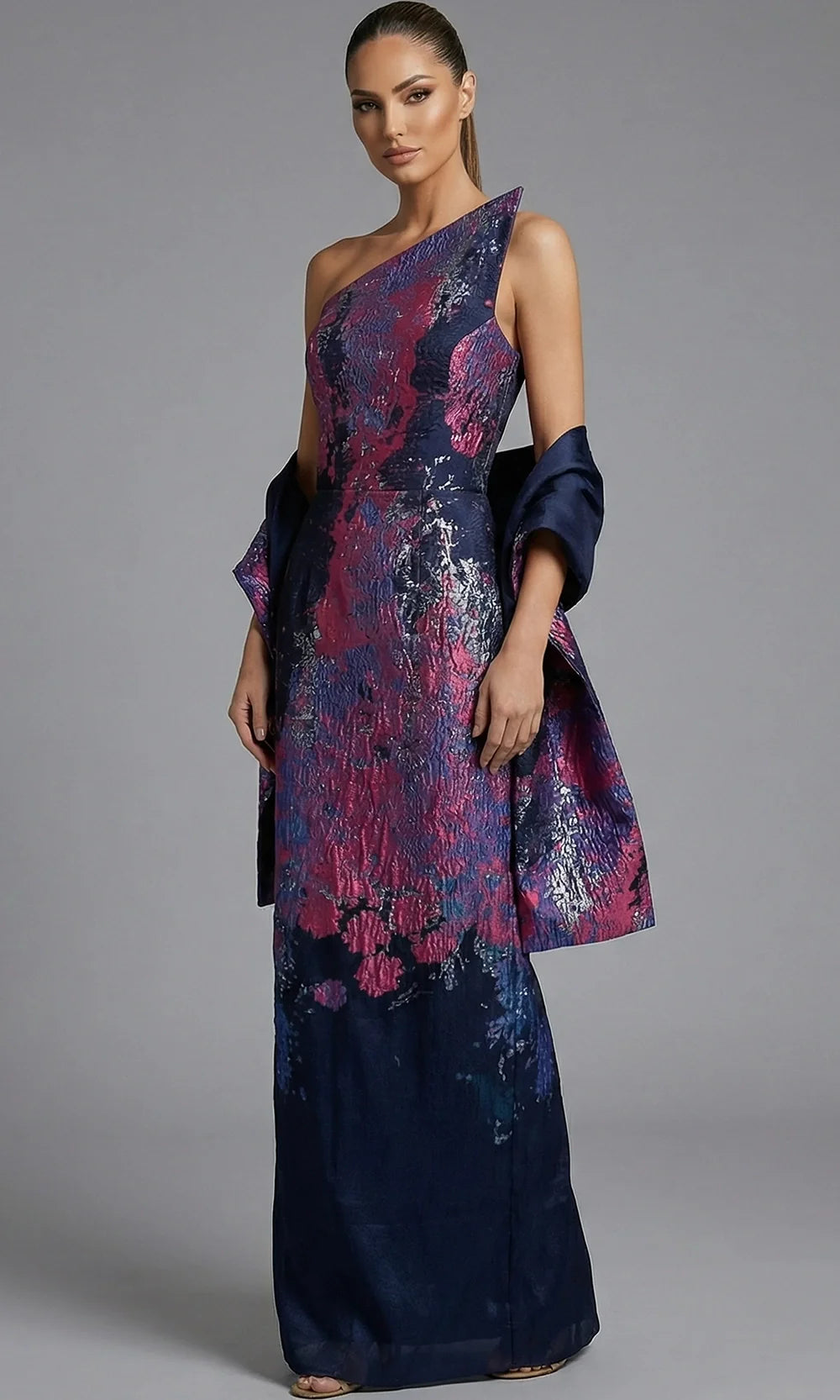 Jovani 46259 - Metallic Floral Texture Asymmetric Gown Prom Dresses  in Navy Fuchsia