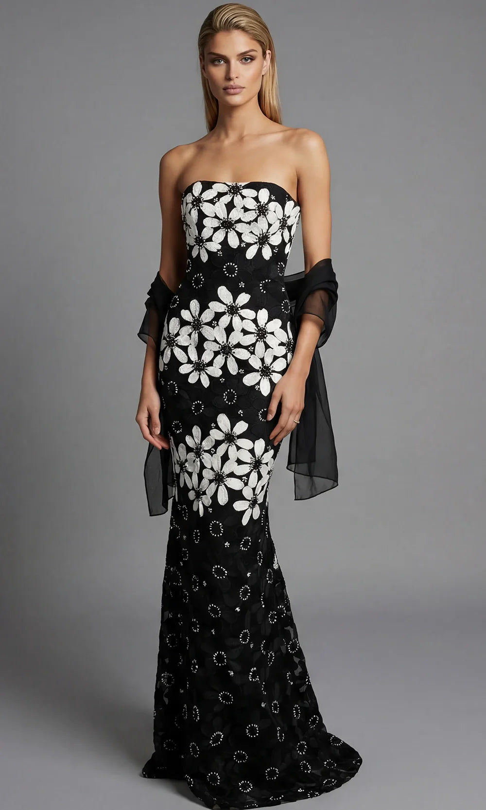 Jovani 46261 - Long Strapless Floral Embroidered Gown Prom Dresses  in Black White