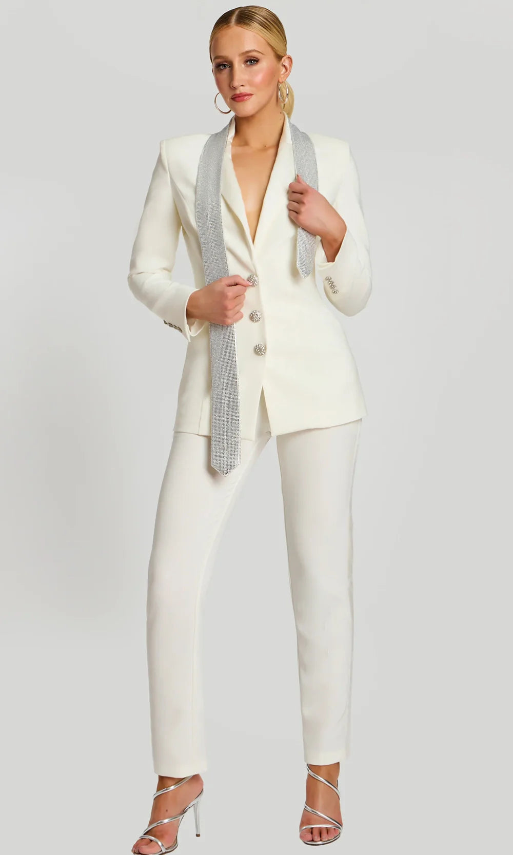 Jovani 46267 - Long Sleeve Fitted Pantsuit with Rhinestone Buttons Formal Pantsuits  in Off White