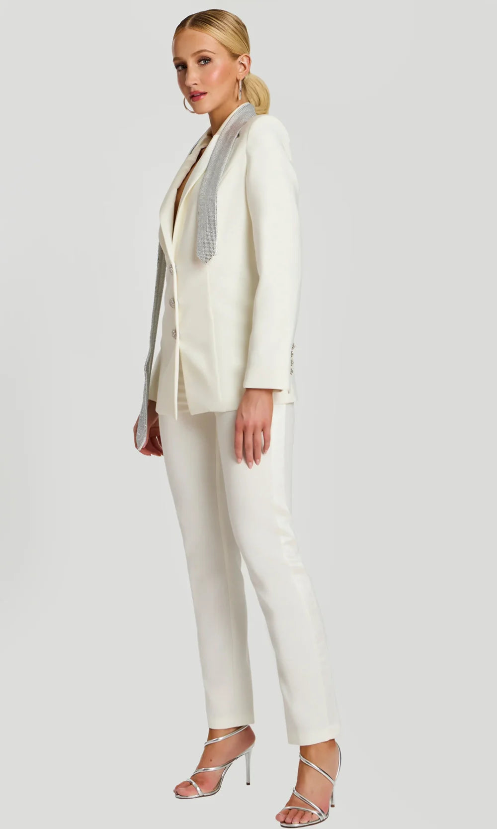 Jovani 46267 - Long Sleeve Fitted Pantsuit with Rhinestone Buttons Formal Pantsuits  in Off White