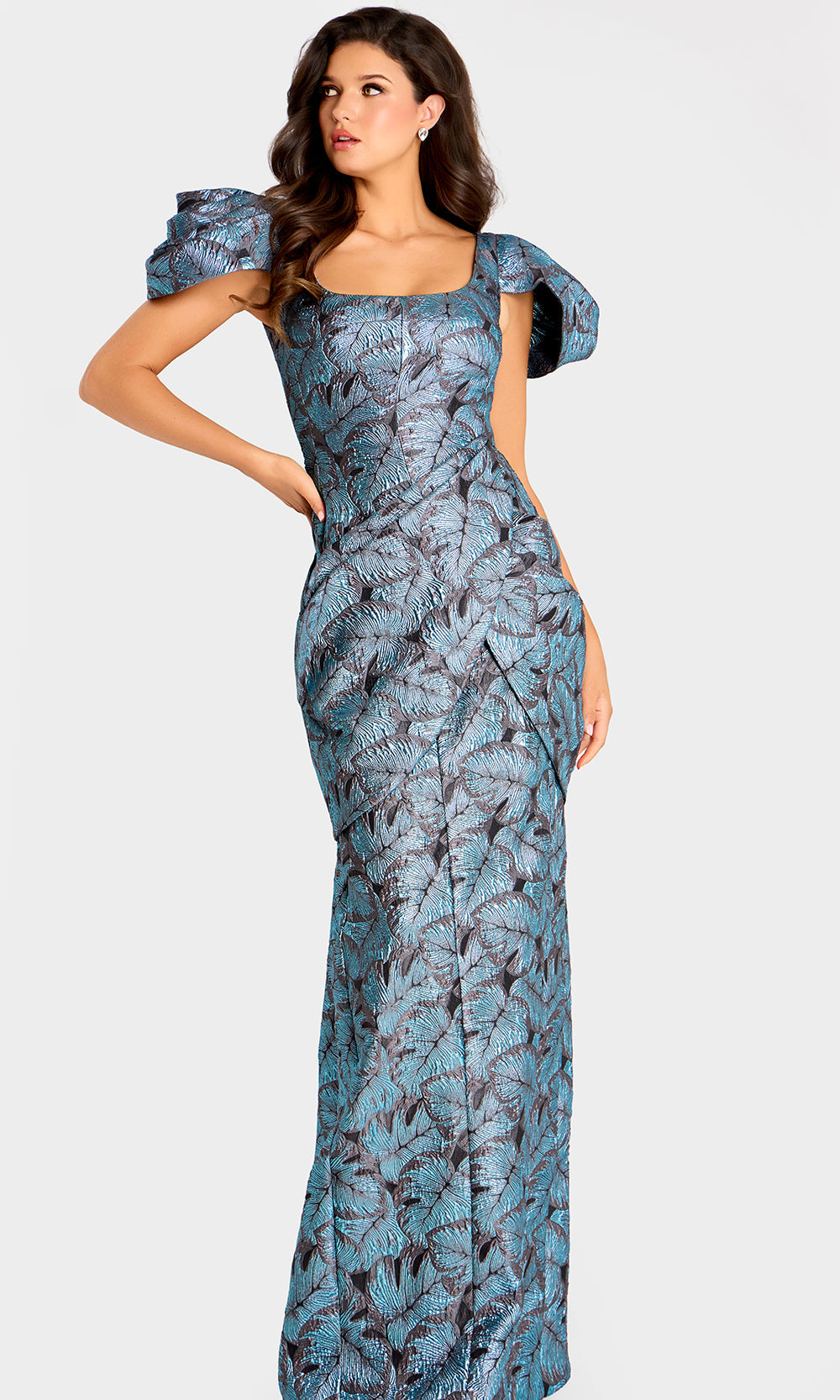 Jovani 46273 - Leaf Brocade Puff Sleeve Gown with Back Slit