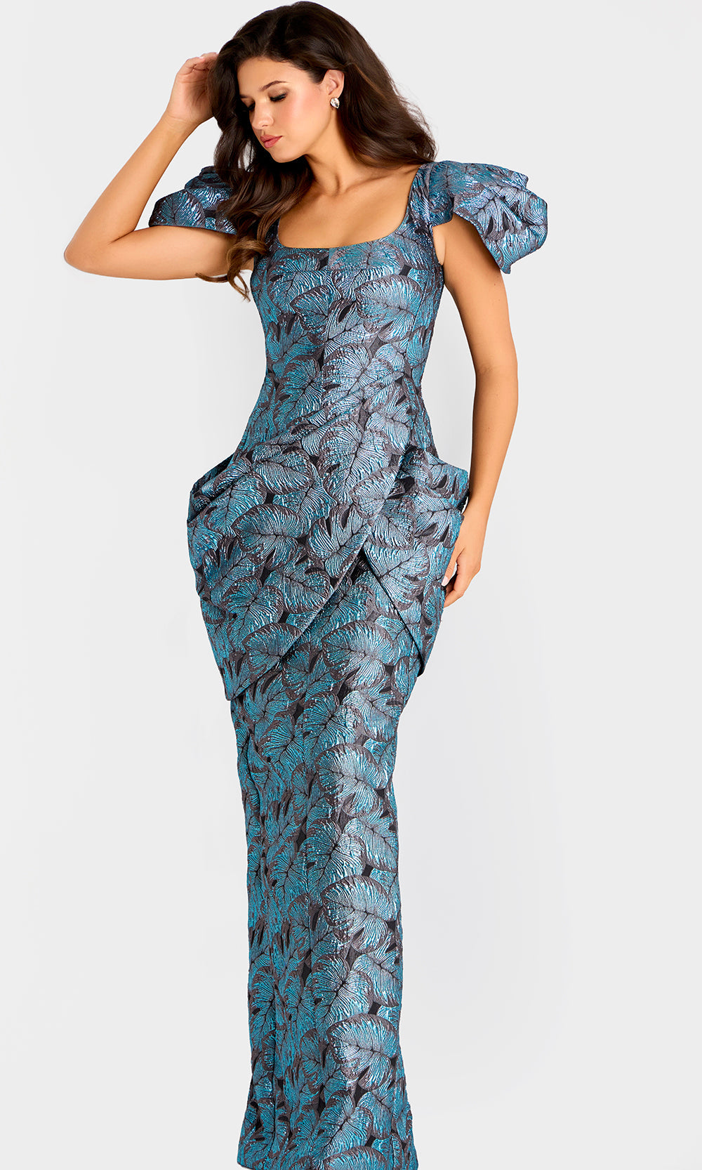 Jovani 46273 - Leaf Brocade Puff Sleeve Gown with Back Slit