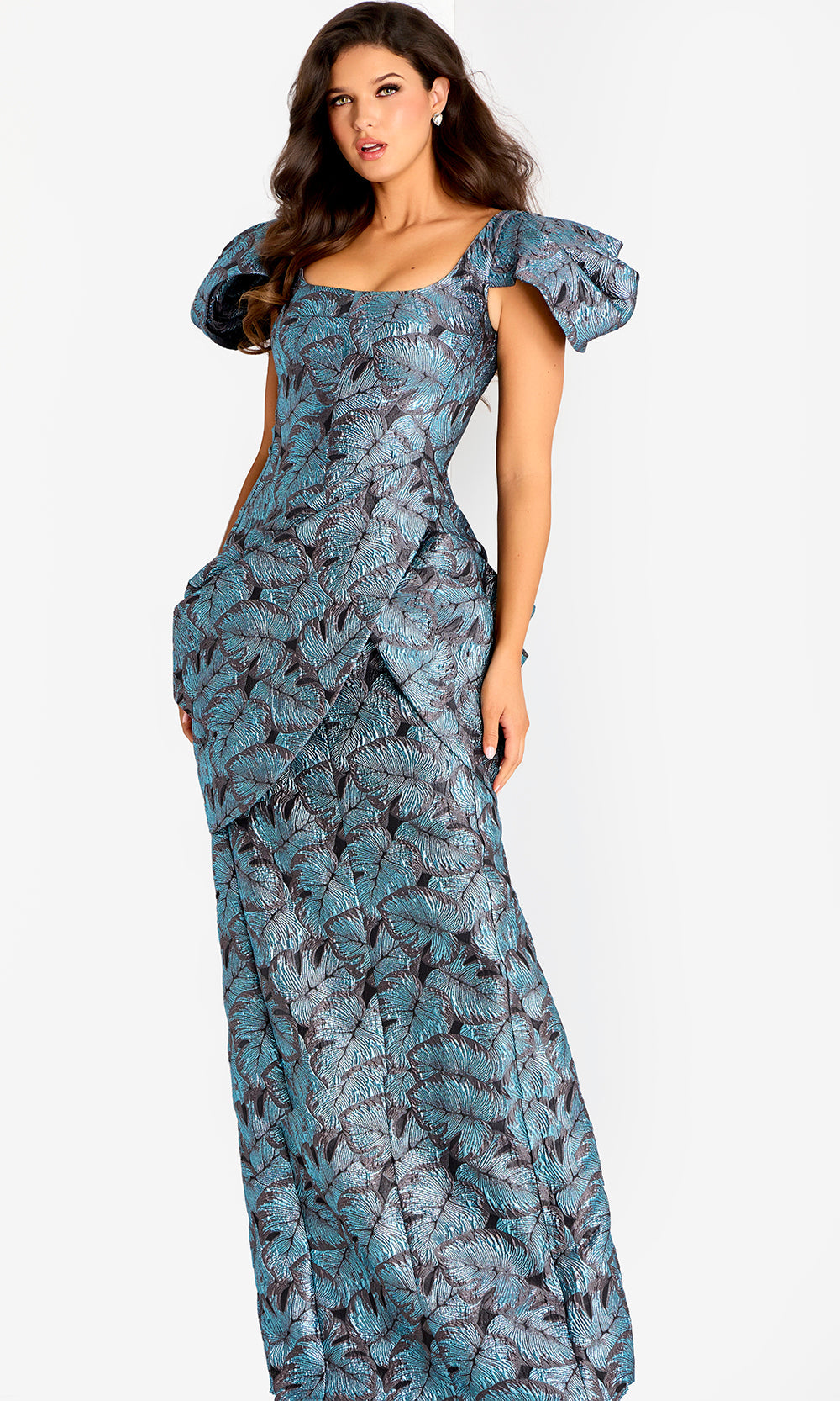 Jovani 46273 - Leaf Brocade Puff Sleeve Gown with Back Slit