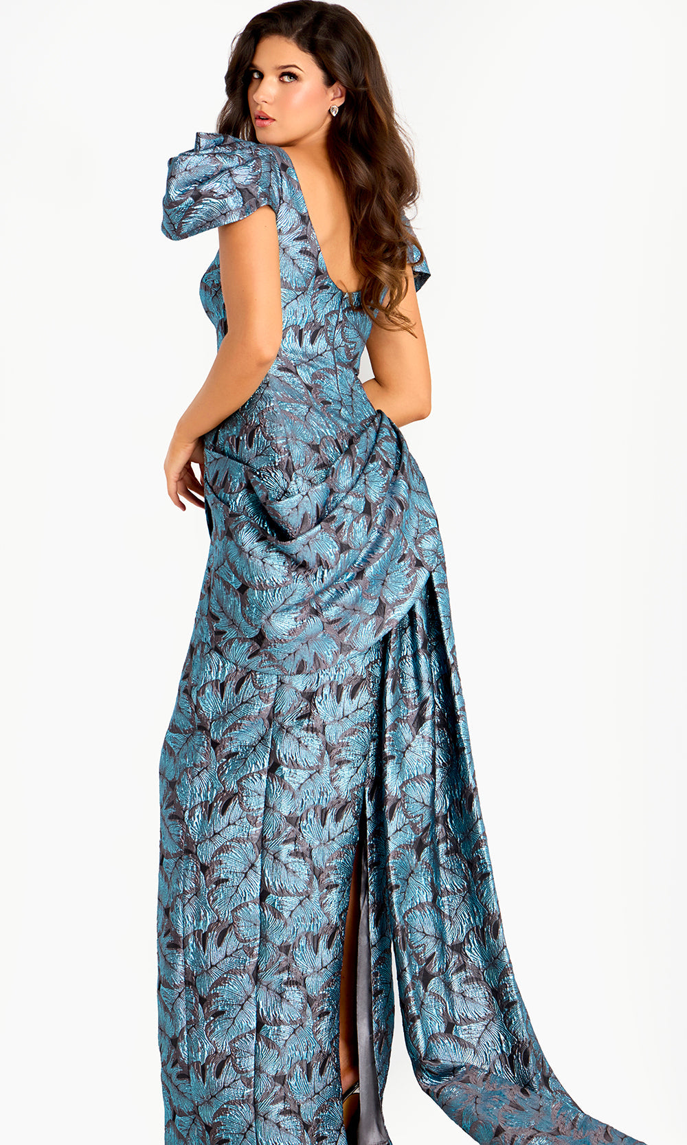 Jovani 46273 - Leaf Brocade Puff Sleeve Gown with Back Slit