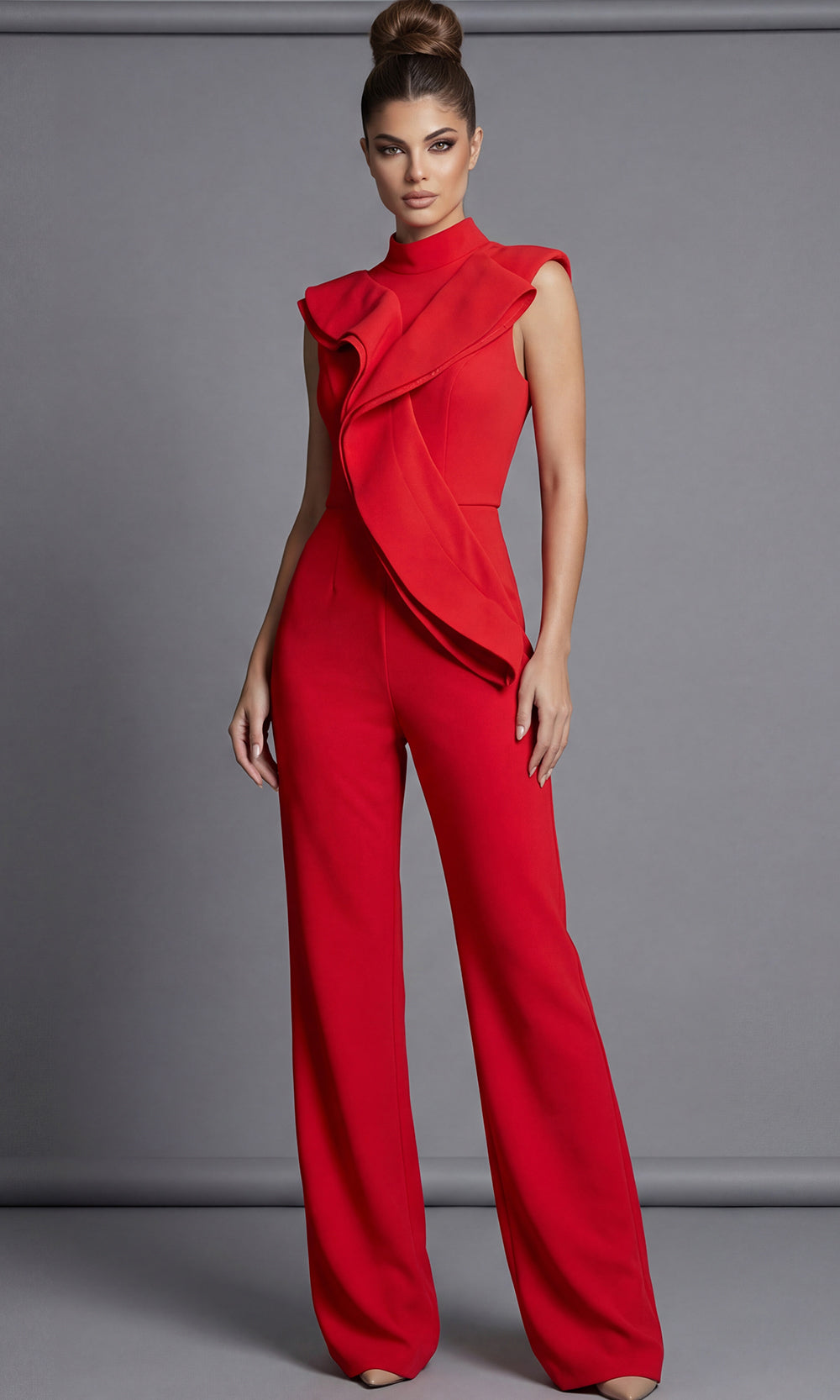 Jovani 46284 - Draped Ruffle Sleeveless Crepe Jumpsuit  Special Occasion Dress In Red