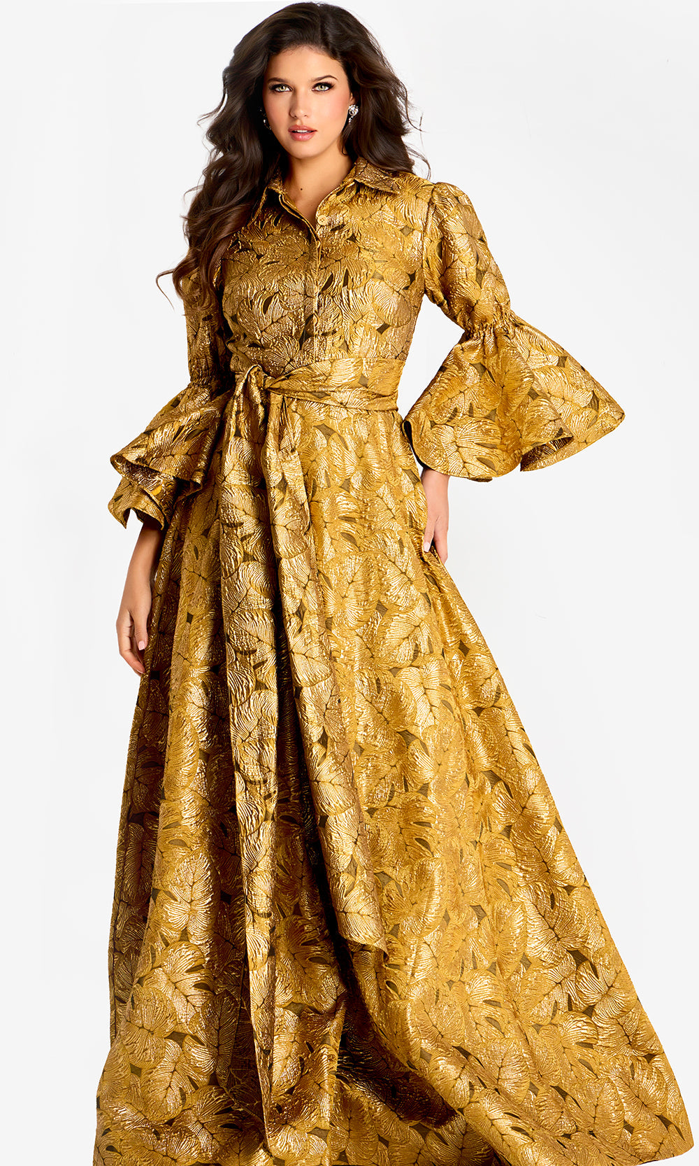 Jovani 46287 - Bell Sleeve Metallic Brocade Evening Gown