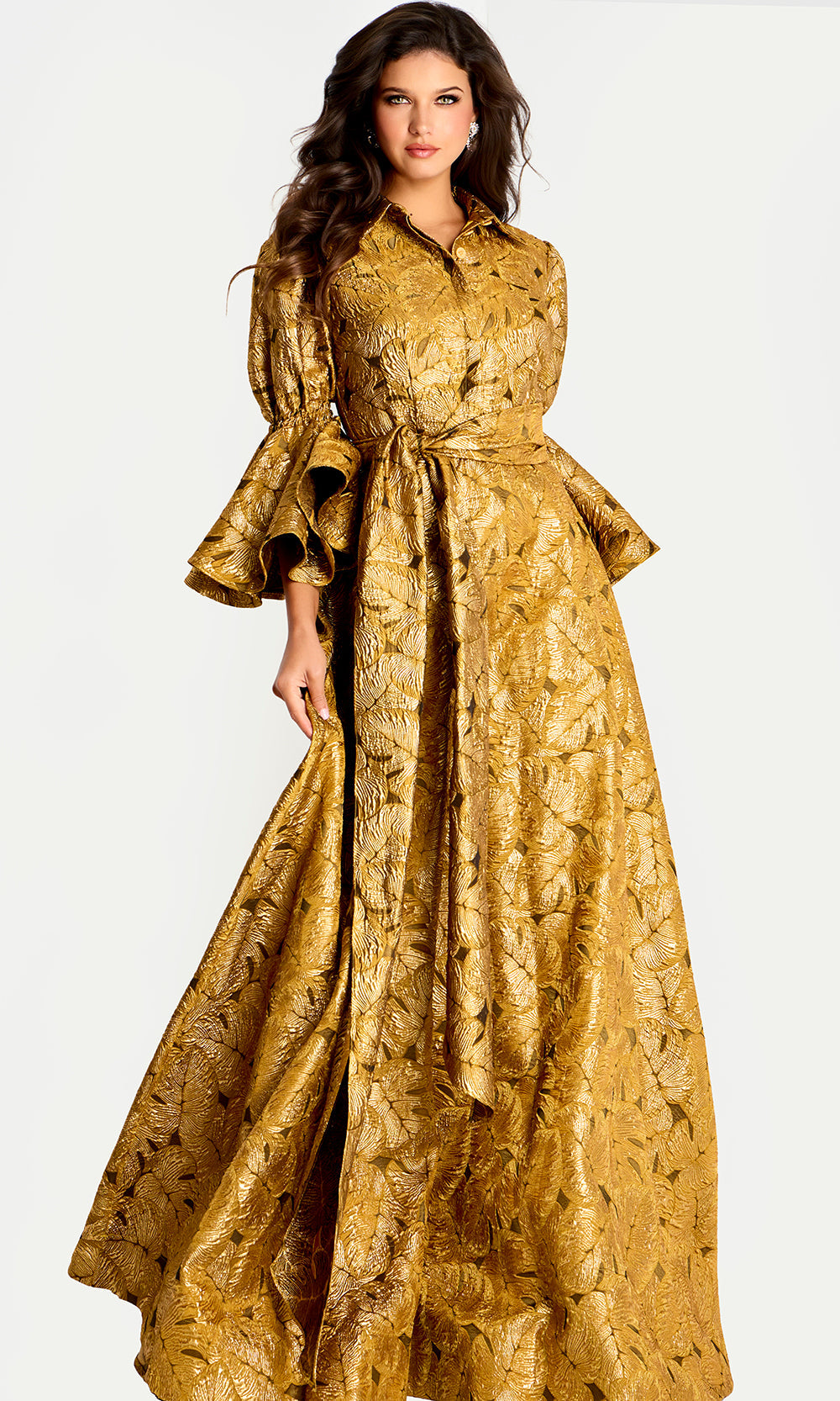Jovani 46287 - Bell Sleeve Metallic Brocade Evening Gown