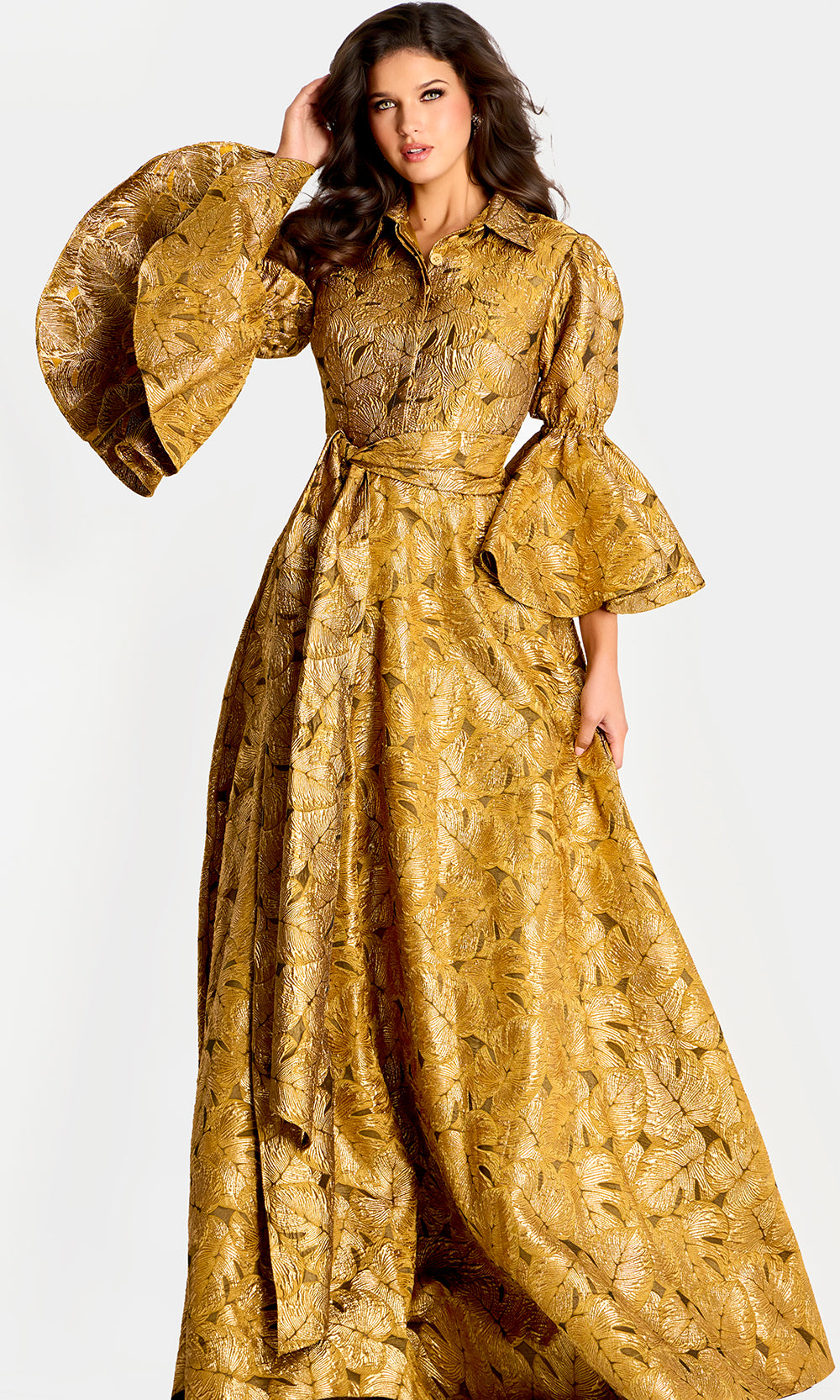 Jovani 46287 - Bell Sleeve Metallic Brocade Evening Gown