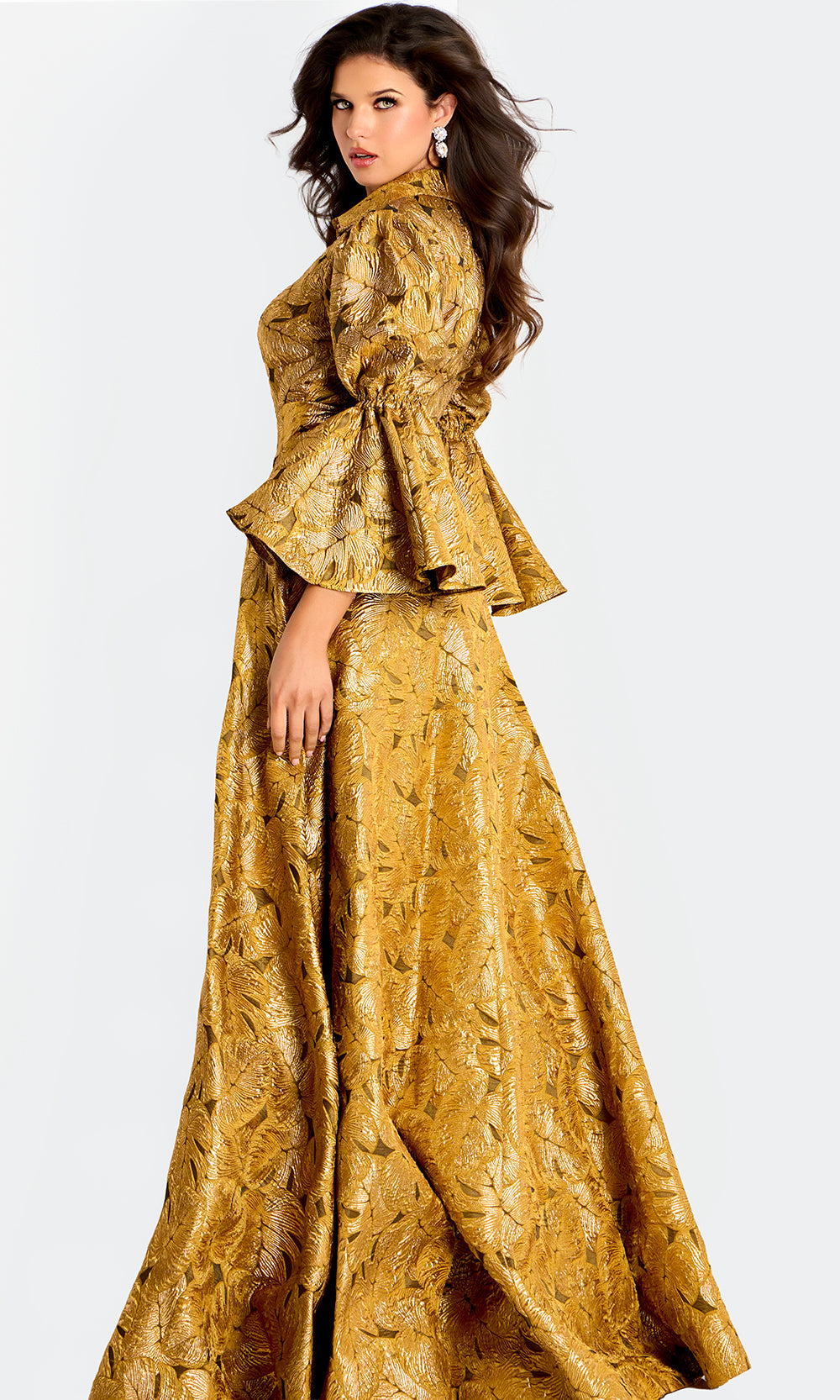 Jovani 46287 - Bell Sleeve Metallic Brocade Evening Gown