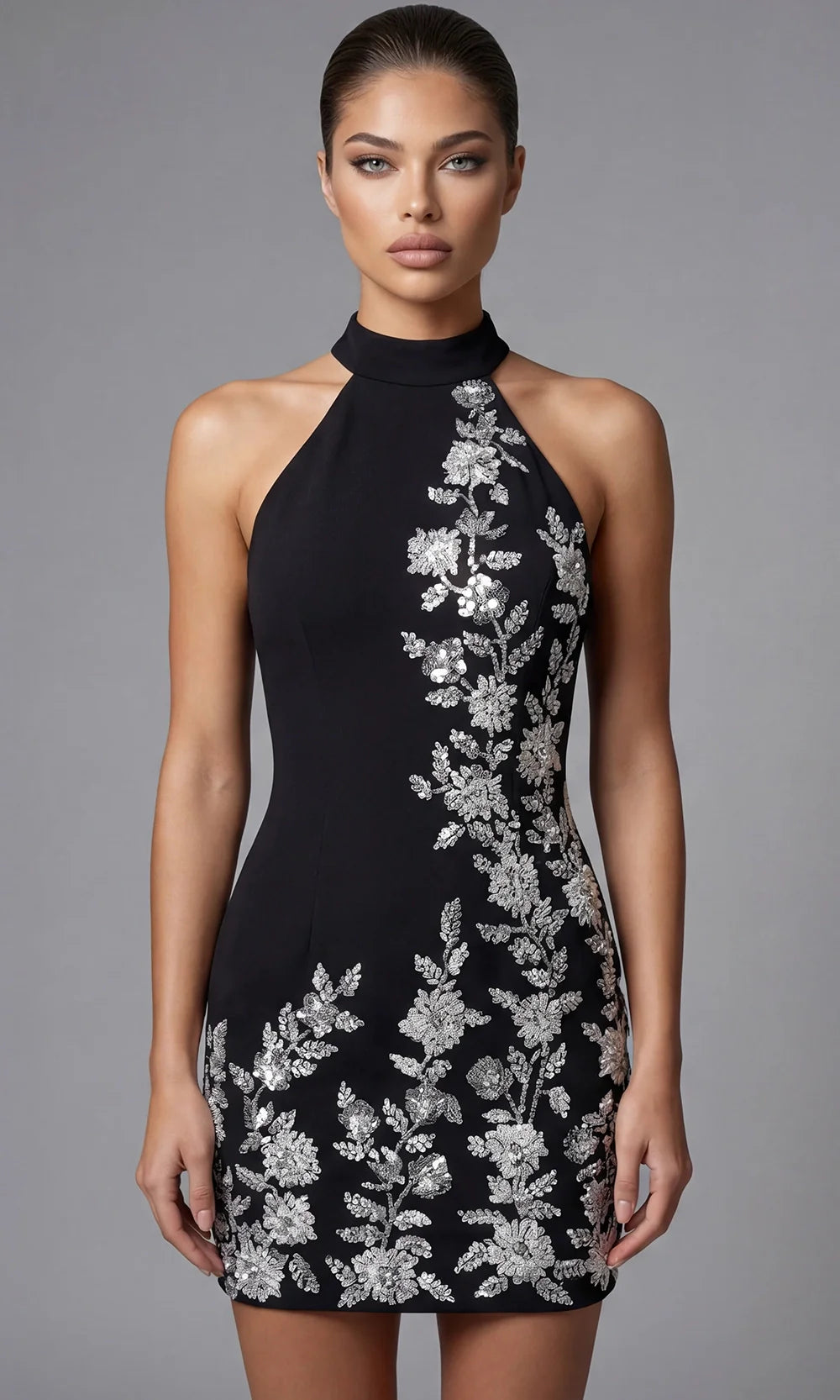 Jovani 46402 - Fitted Halter Crepe Dress with Appliques Cocktail Dresses  in Black  