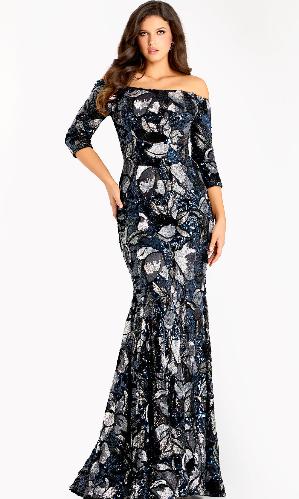 Jovani 46432 - Three-Quarter Sleeve Sequin Mermaid Gown
