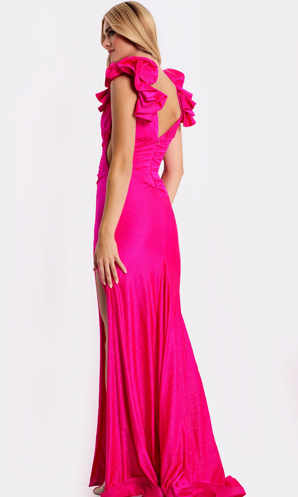 Jovani 46496 - Ruffled Shoulder V-Back Evening Gown In Pink