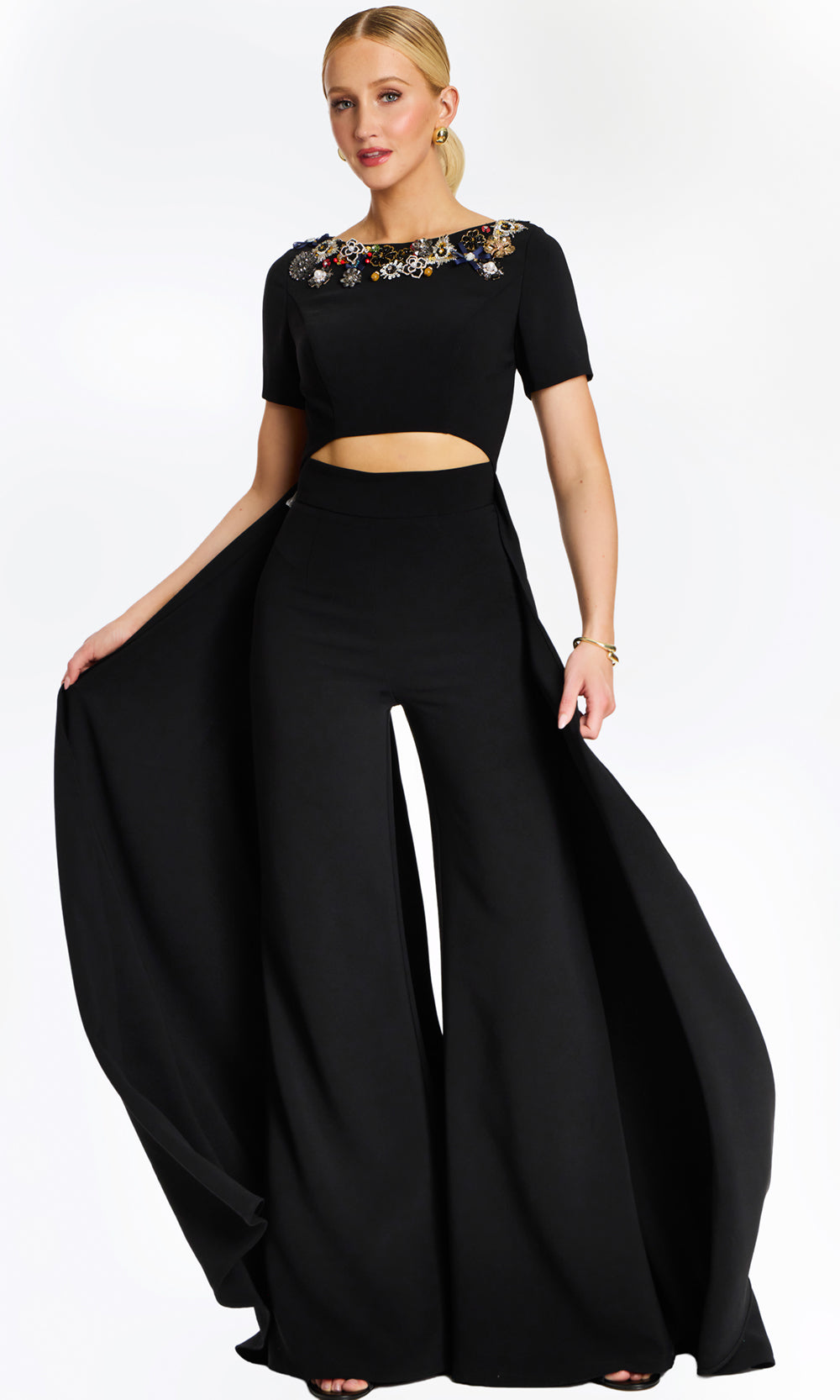 Jovani 46505 - Wide Leg Bateau Pantsuit with Multicolor Beading Formal Pantsuits  in Black  
