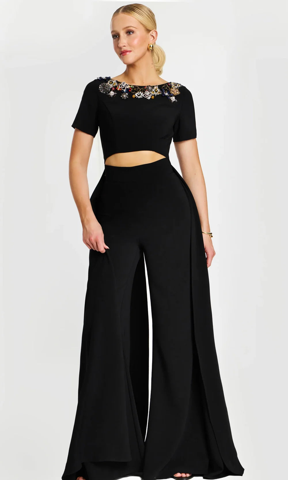 Jovani 46505 - Wide Leg Bateau Pantsuit with Multicolor Beading Formal Pantsuits  in Black  