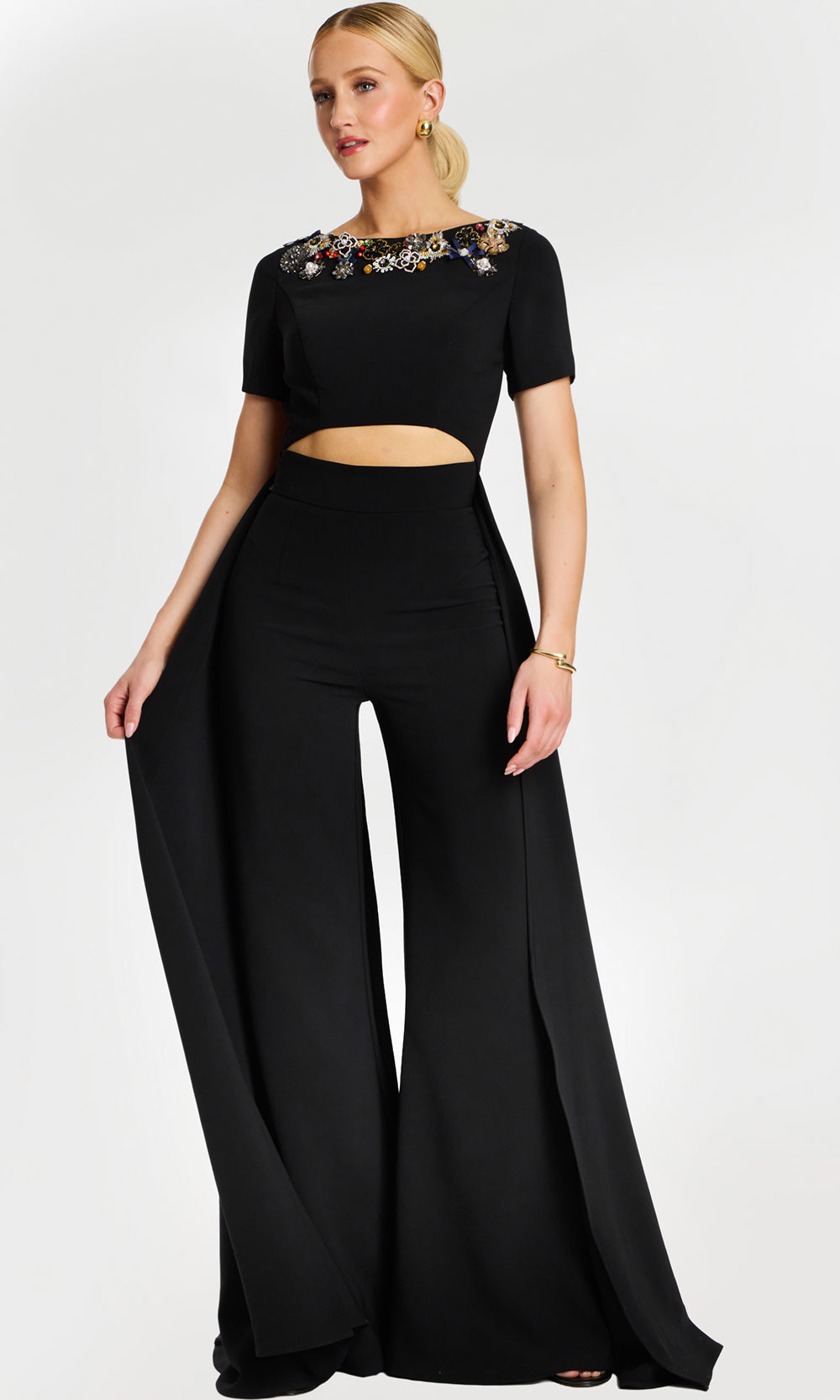 Jovani 46505 - Wide Leg Bateau Pantsuit with Multicolor Beading Formal Pantsuits  in Black  