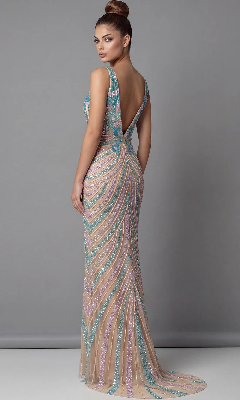 Jovani 46515 - Sleeveless Chevron Beaded Long Gown Prom Dresses  in Nude  