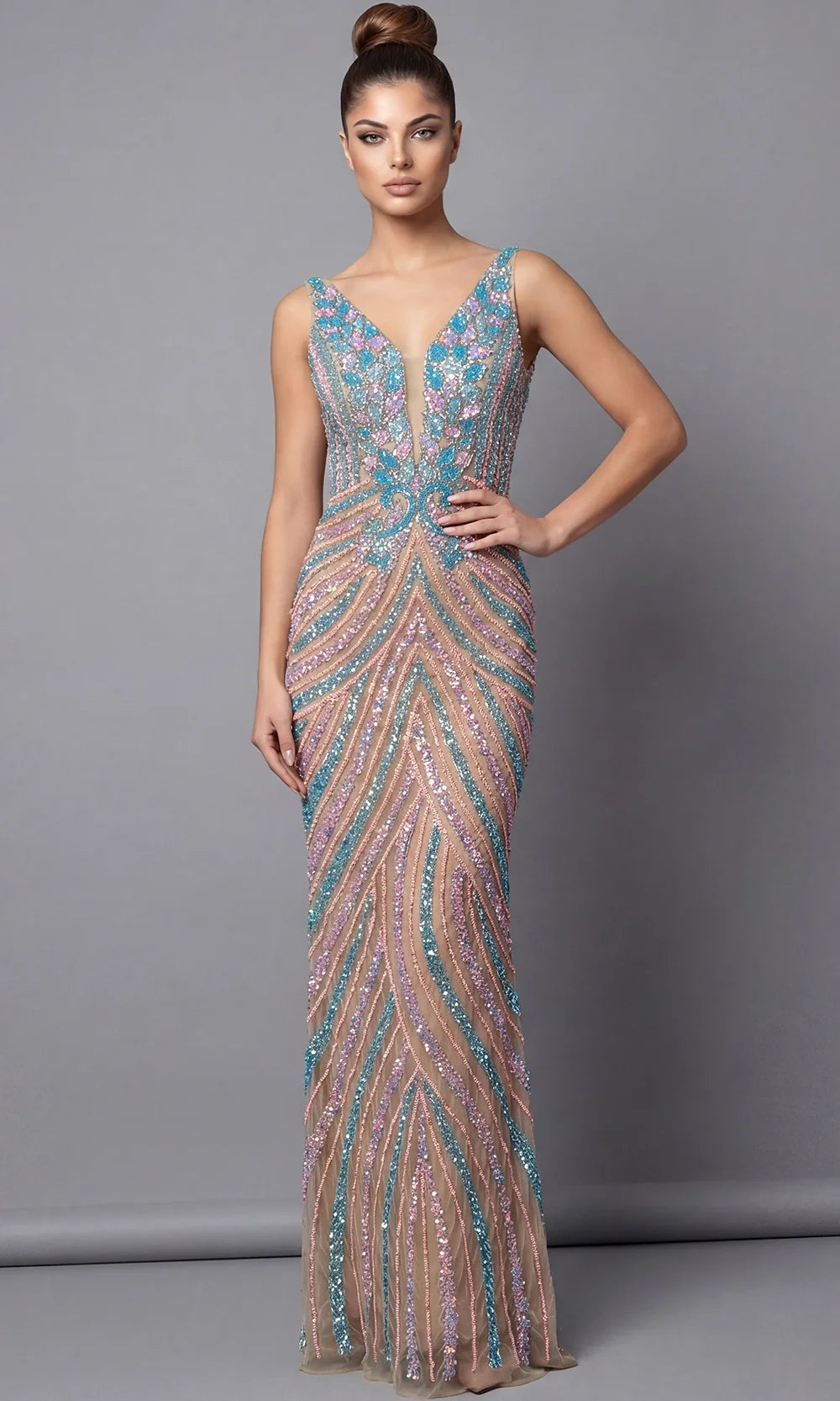 Jovani 46515 - Sleeveless Chevron Beaded Long Gown Prom Dresses  in Nude  