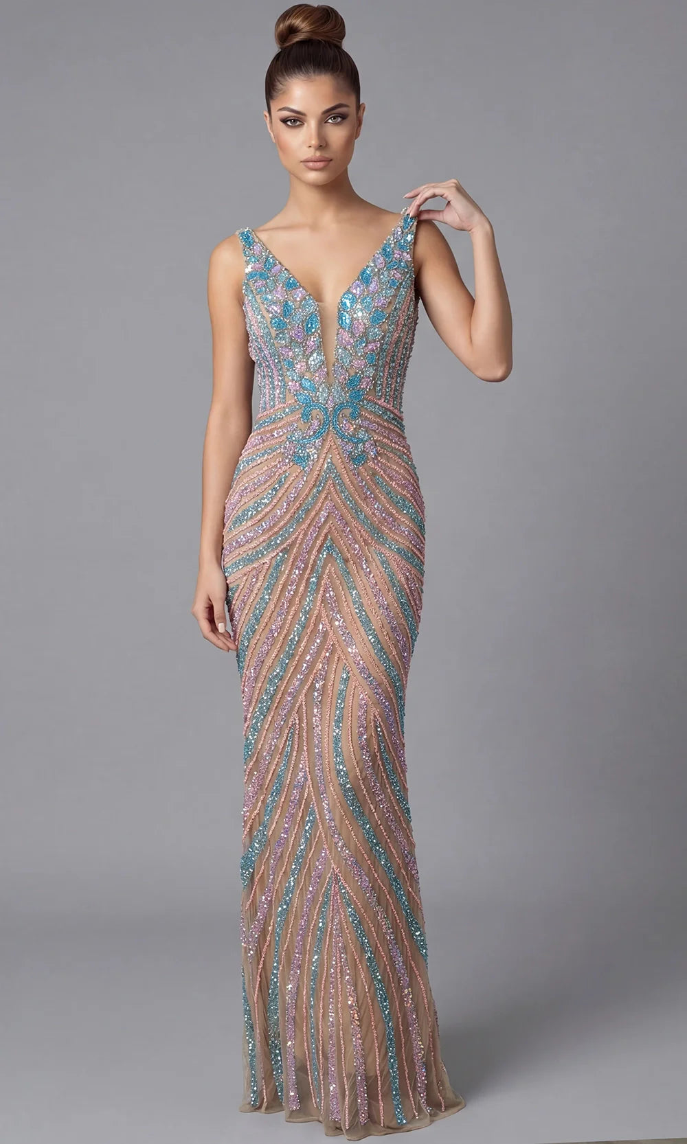 Jovani 46515 - Sleeveless Chevron Beaded Long Gown Prom Dresses  in Nude  