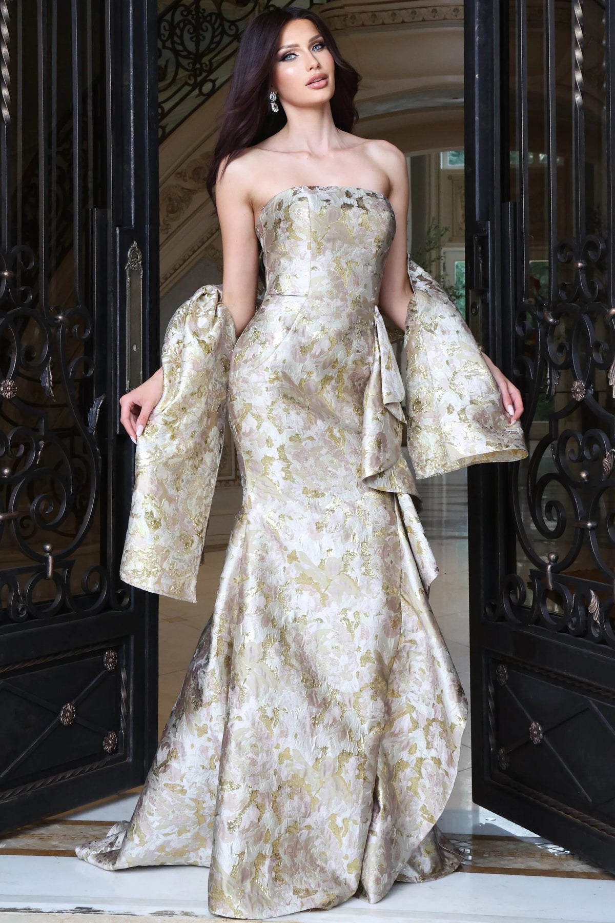 Jovani 46517 - Textured Brocade Straight Neckline Gown